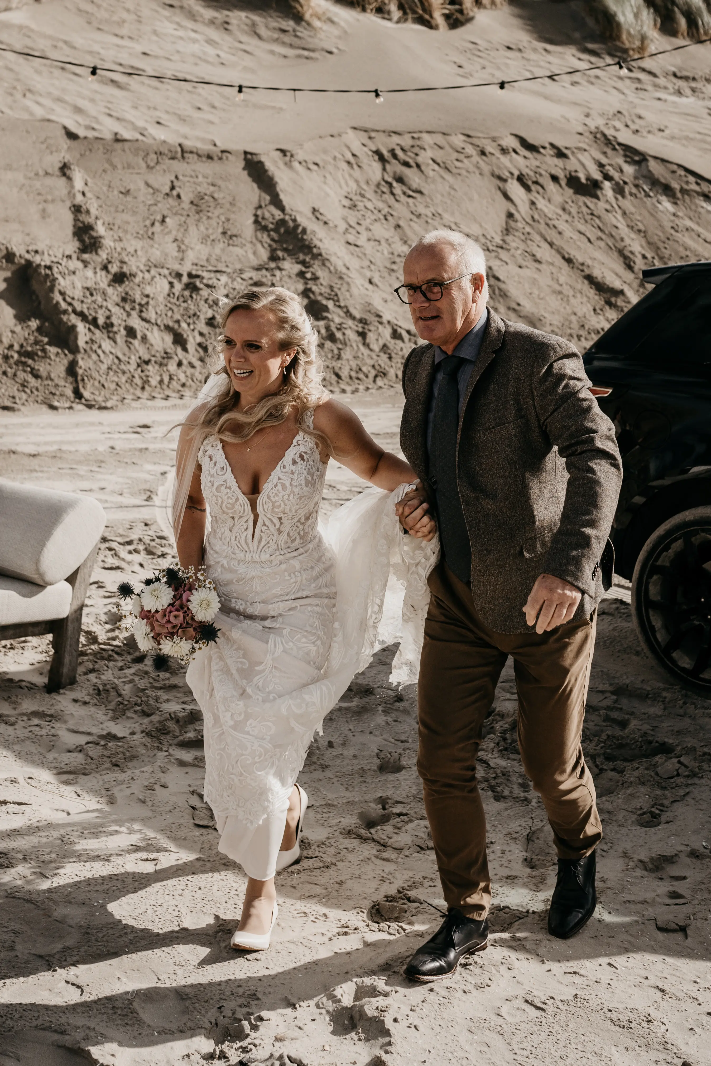 Bride Wearing Lace Fit-And-Flare Wedding Dress Called Hamilton By Sottero And Midgley With Father