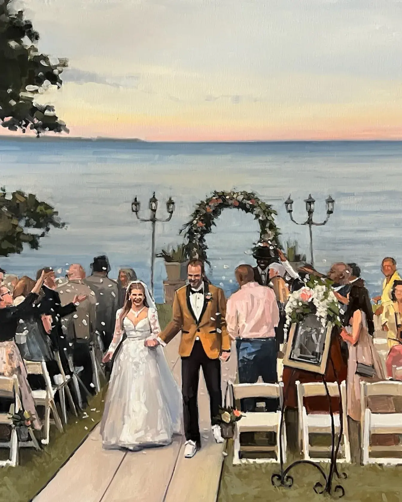 Painting Of Bride Wearing Princess Wedding Dress With Long Sleeves Called Stevie By Maggie Sottero With Groom Down The Aisle