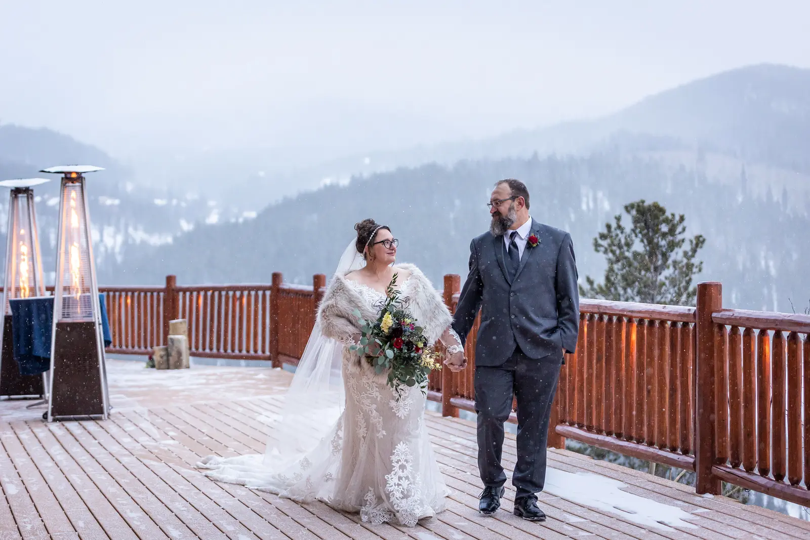 Bride In Lace Winter Wedding Dress Called Edison By Maggie Sottero With Groom