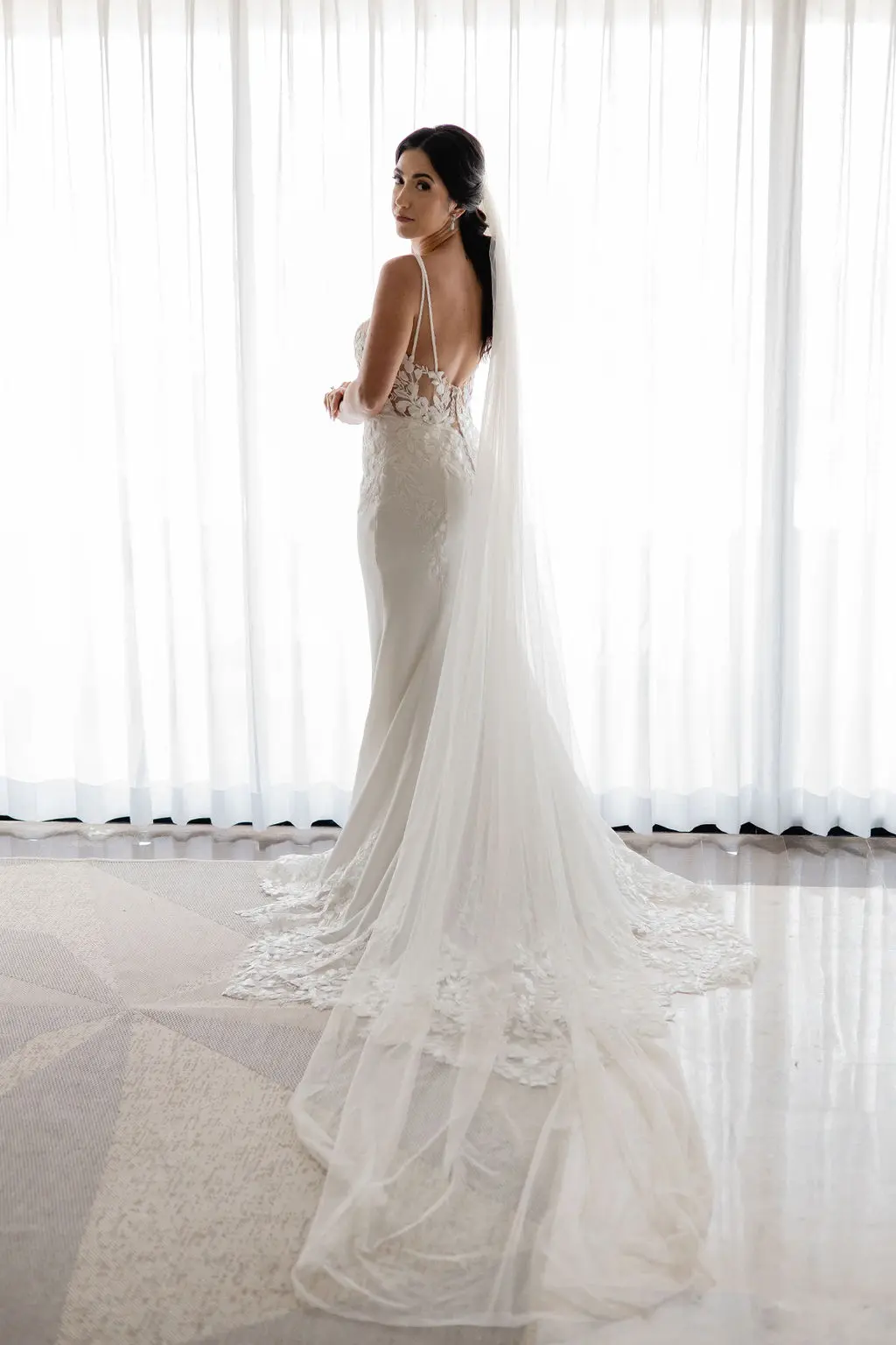 Real Bride in Backless Crepe Bridal Gown with Lace Motifs and Beaded Spaghetti Straps Called Baxley by Maggie Sottero