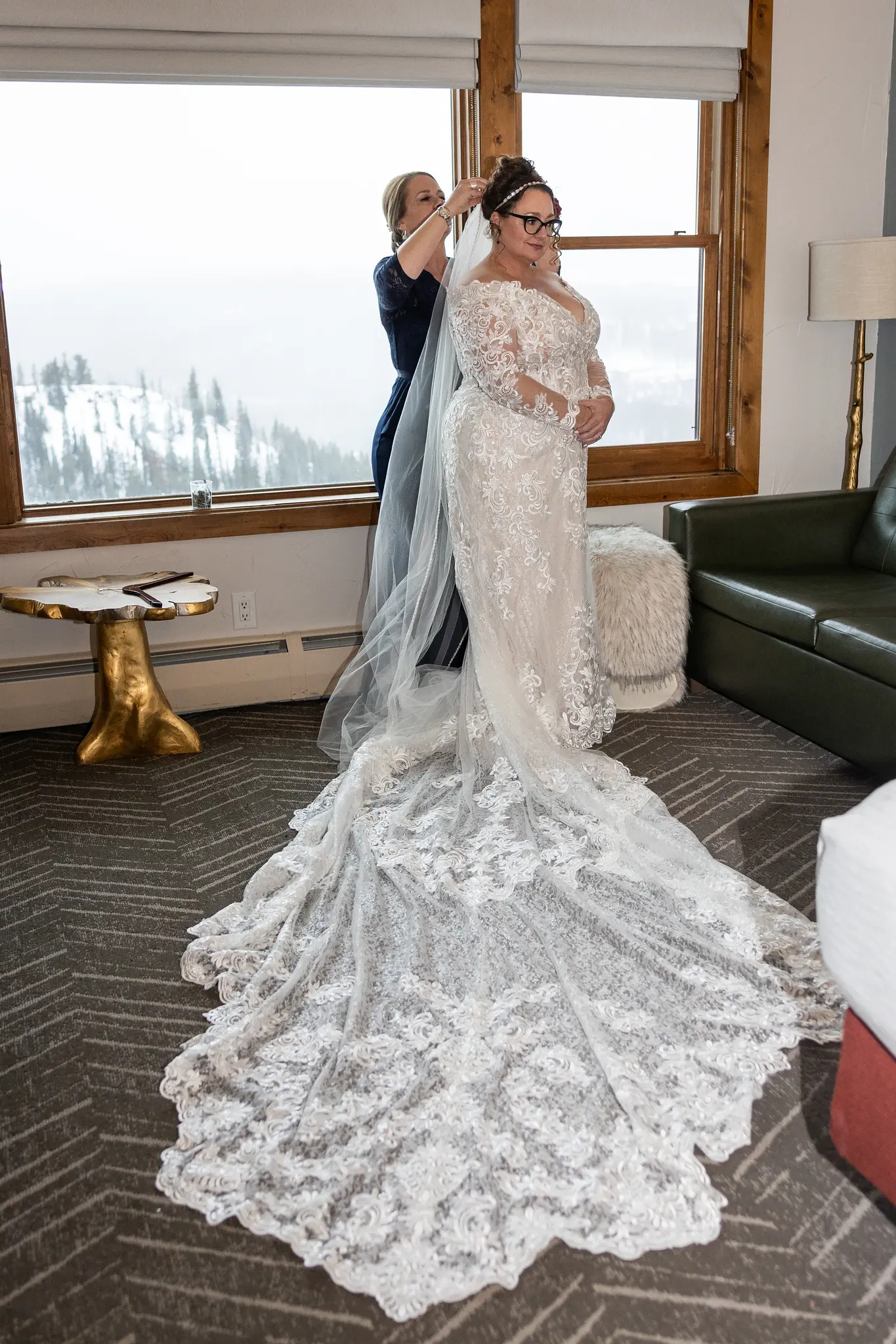 Bride In Lace Winter Wedding Dress Called Edison By Maggie Sottero With Mother Of The Bride
