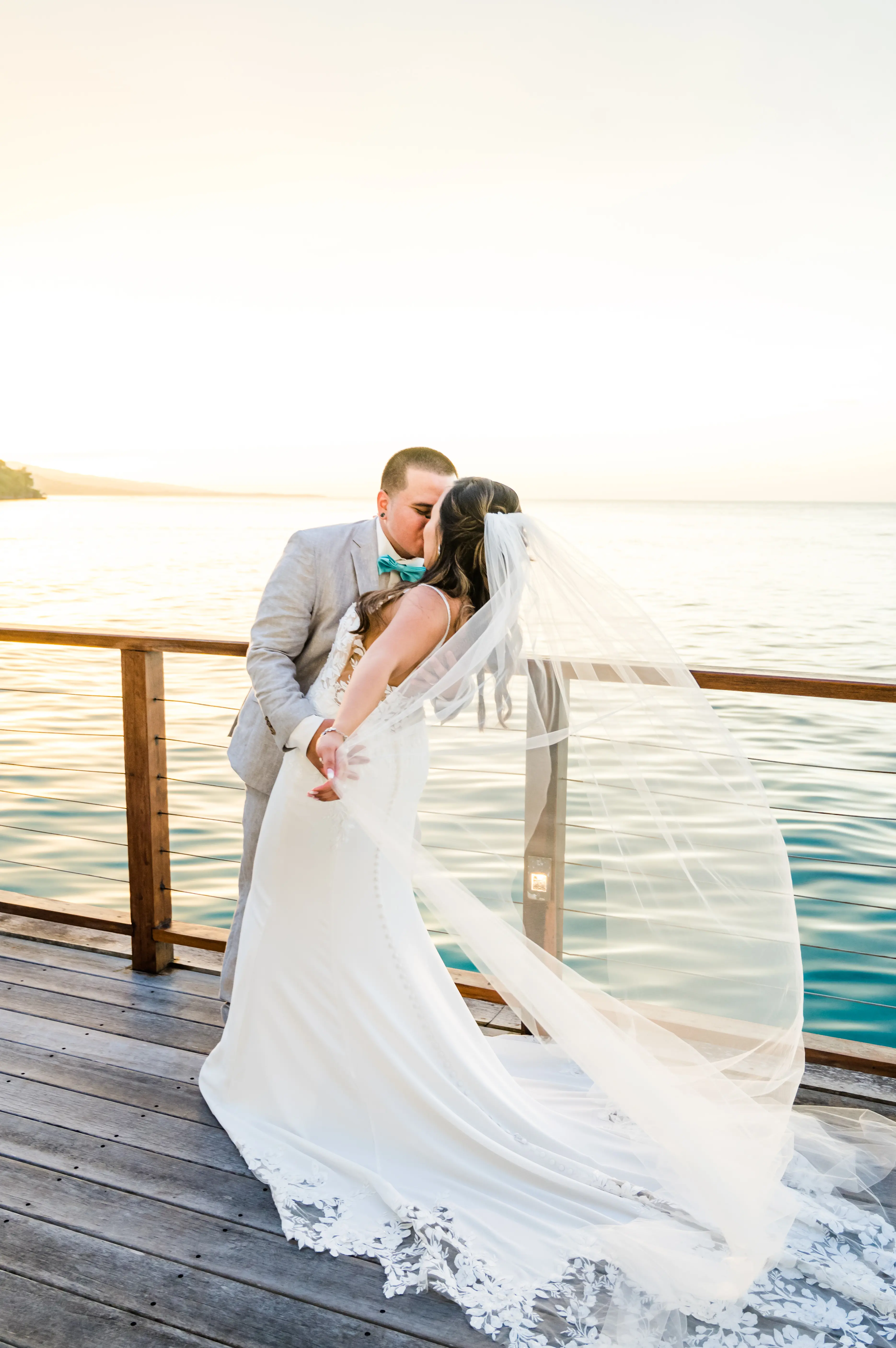 Real Bride in Backless Crepe Wedding Gown with Scalloped Lace Cutout Train Called Baxley by Maggie Sottero