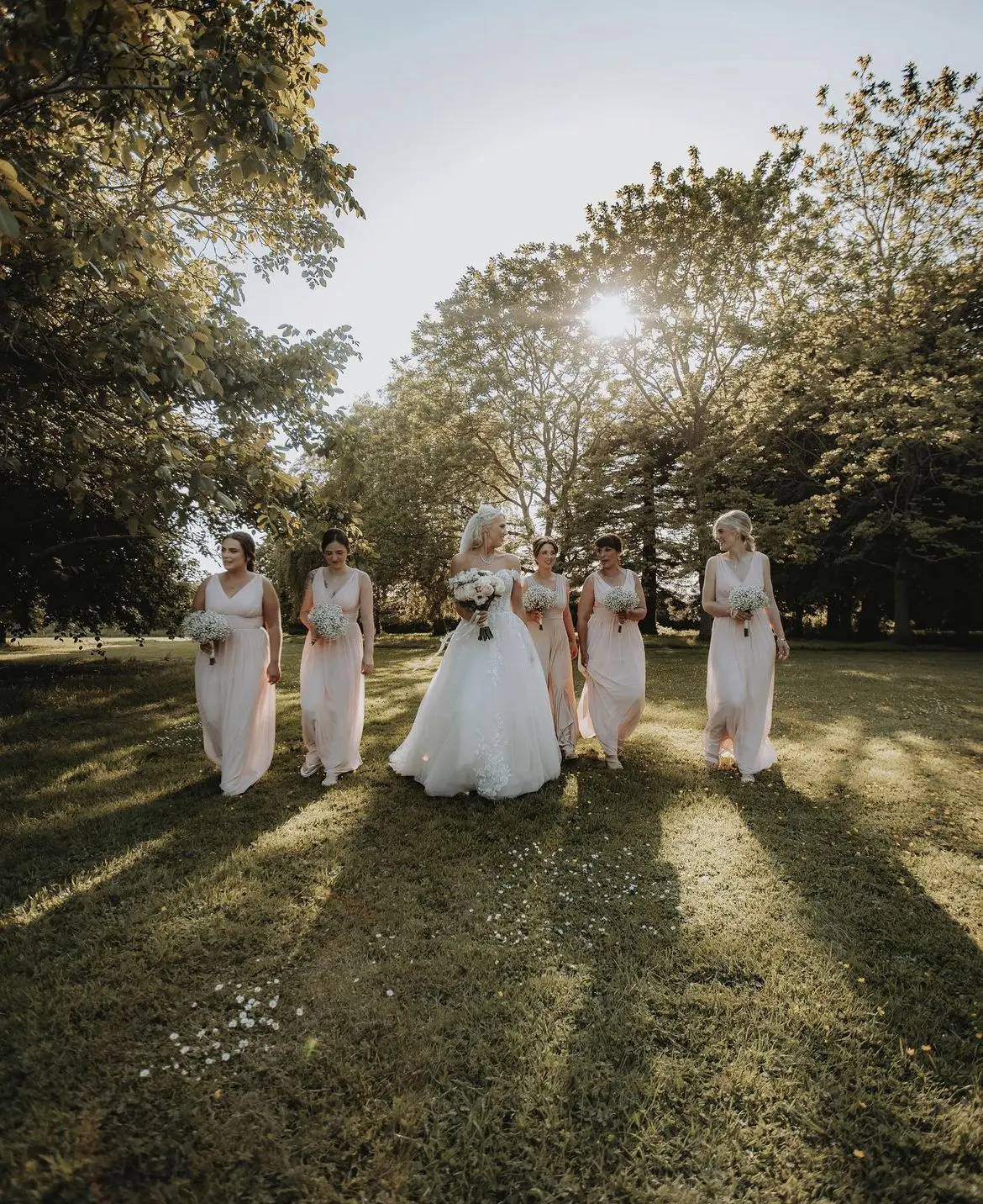 Brides In Off-The-Shoulder A-line Harlem Maggie Sottero With Bridesmaids In Pink