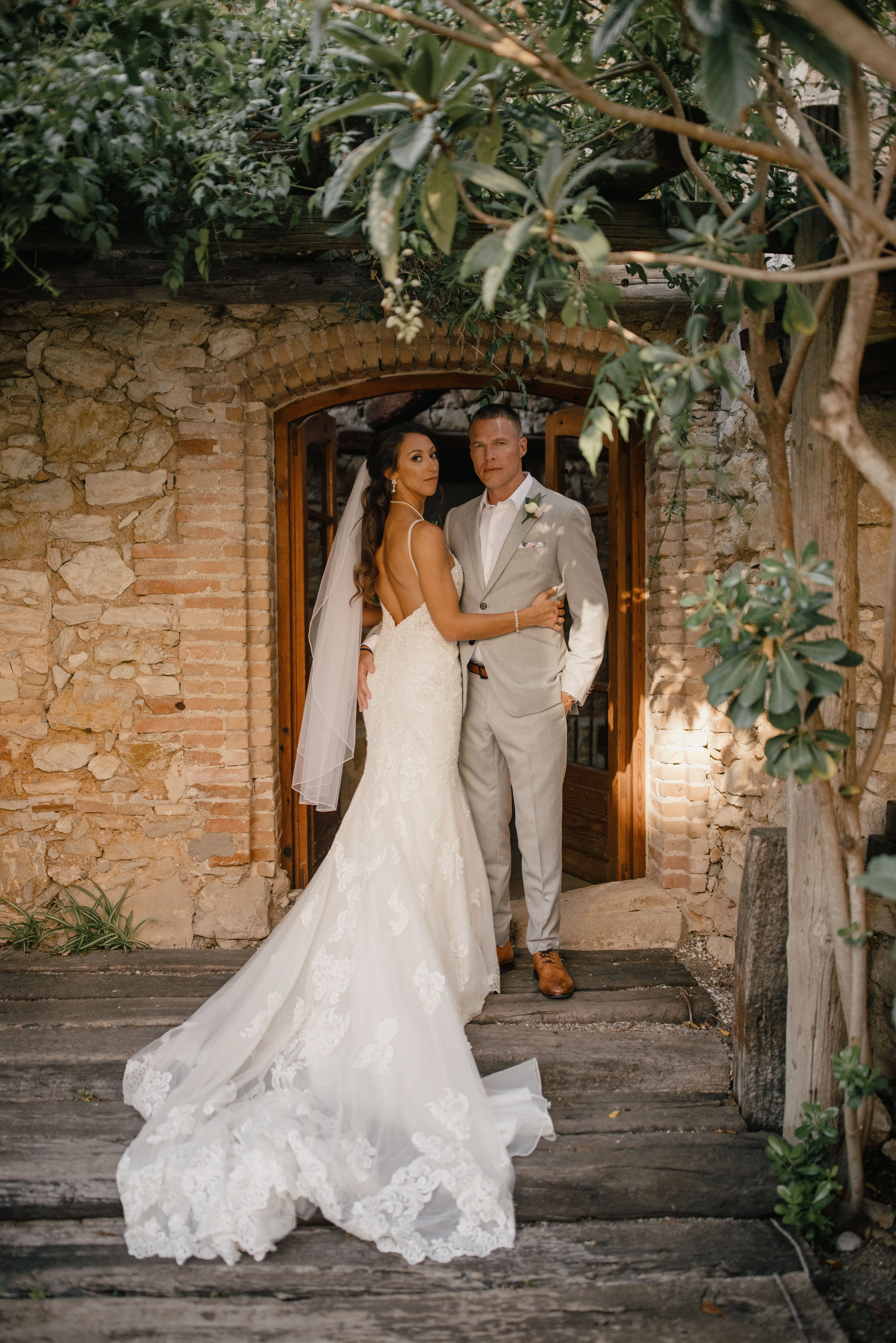 Groom with Bride in Sparkly Lace Fit-and-Flare Bridal Dress Called Fiona by Maggie Sottero