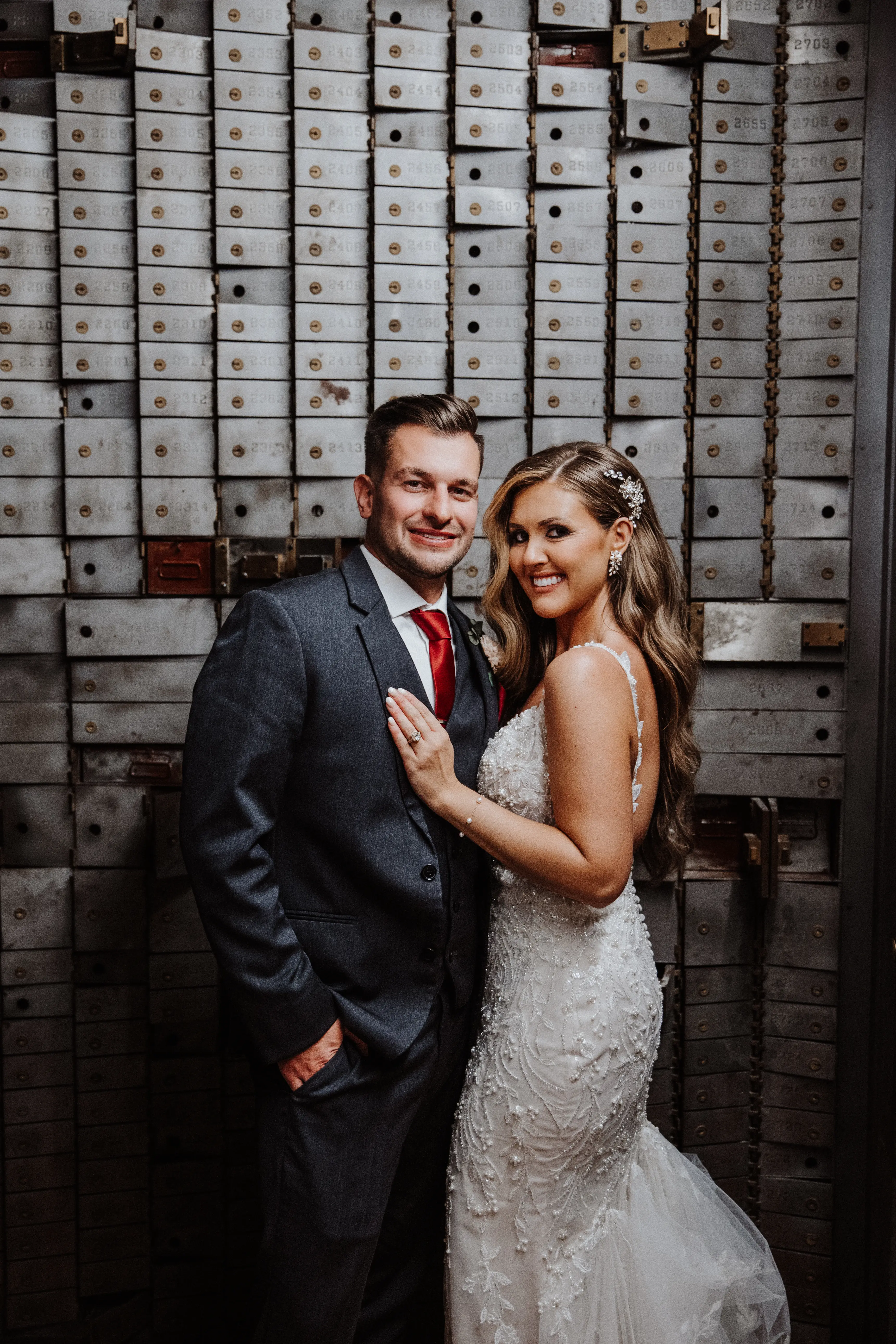 Bride Wearing Beaded Fit-n-flare Wedding Dress Called Jonah Lane By Sottero And MidgleyBride Wearing Beaded Fit-n-flare Wedding Dress Called Jonah Lane By Sottero And Midgley With Groom