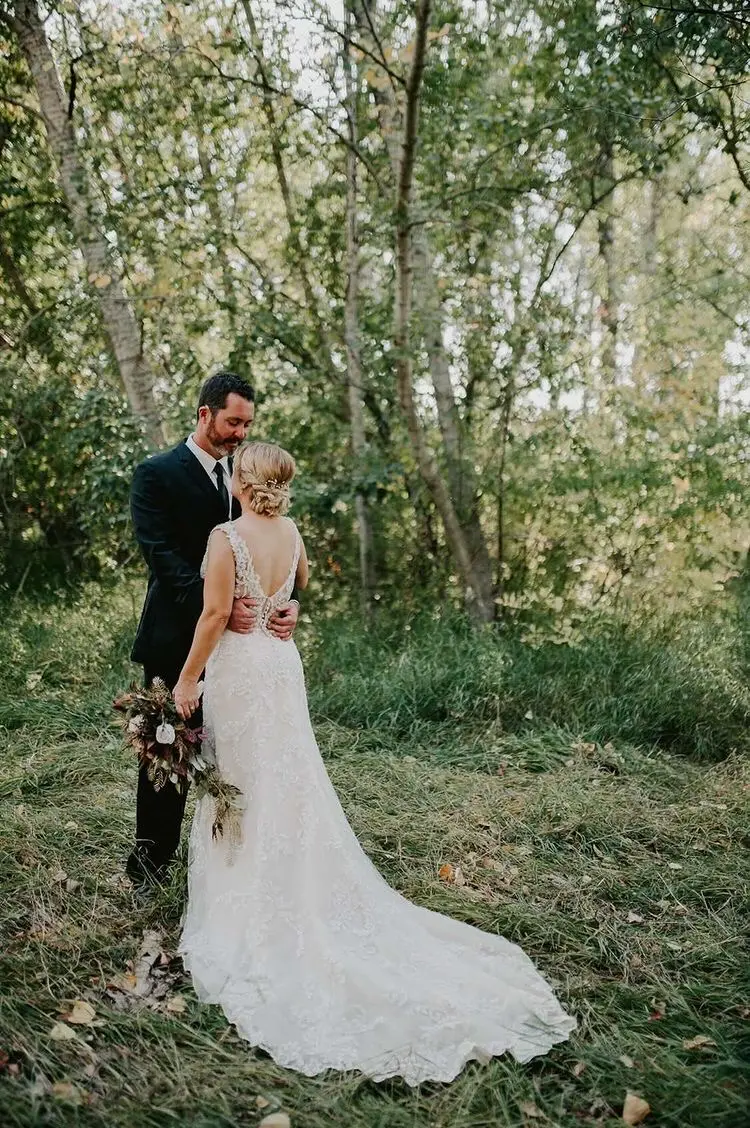 Groom With Bride Wearing Lace Wedding Dress With Illusion Back Verina Marie By Maggie Sottero