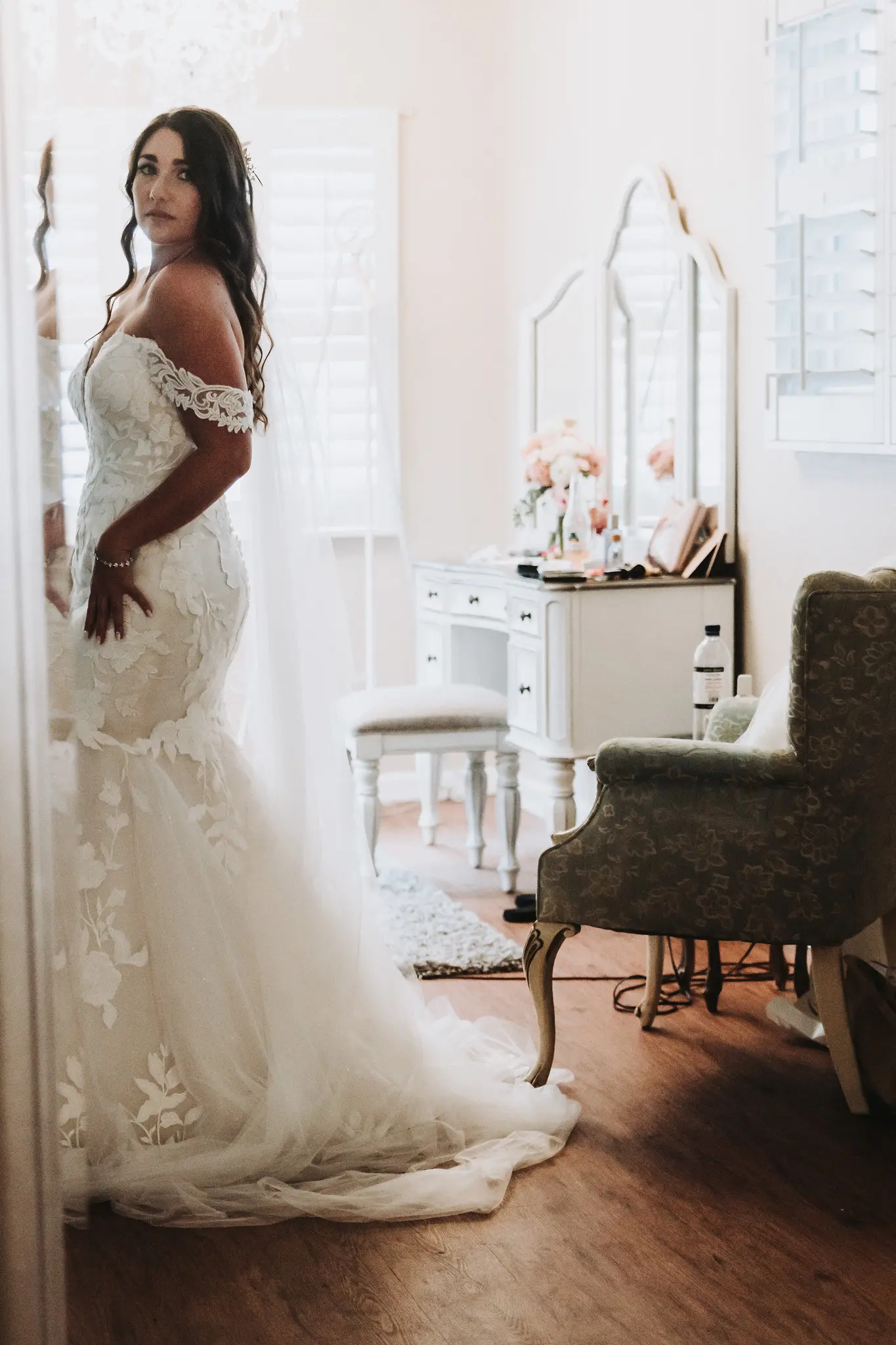 Bride Wearing Mermaid Wedding Dress With Oversized Lace Hattie By Rebecca Ingram