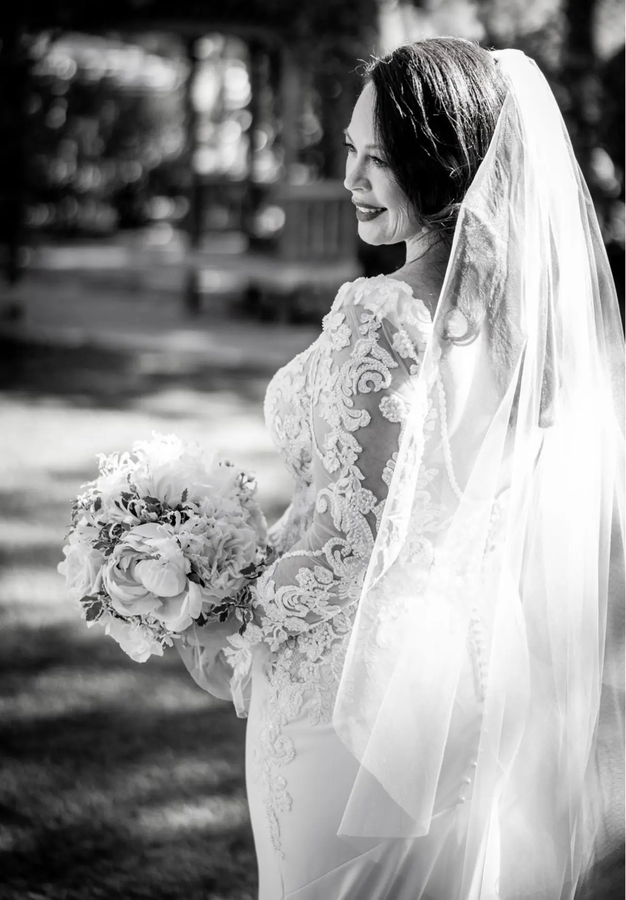 Real Bride In A White Long Sleeve Wedding Dress Named Nikki By Maggie Sottero With Veil And Flowers