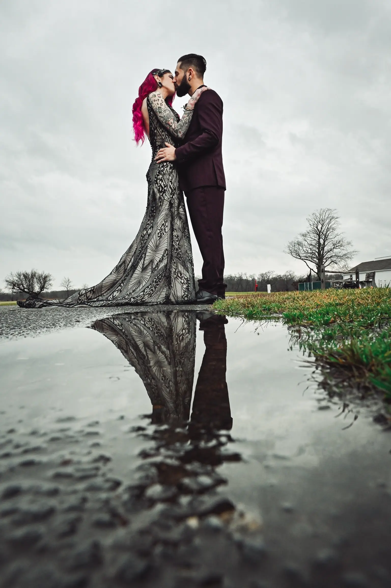 Groom With Bride Wearing Black Art Deco Wedding Dress Elaine By Maggie Sottero