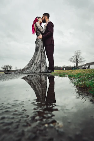 Groom With Bride Wearing Black Art Deco Wedding Dress Elaine By Maggie Sottero