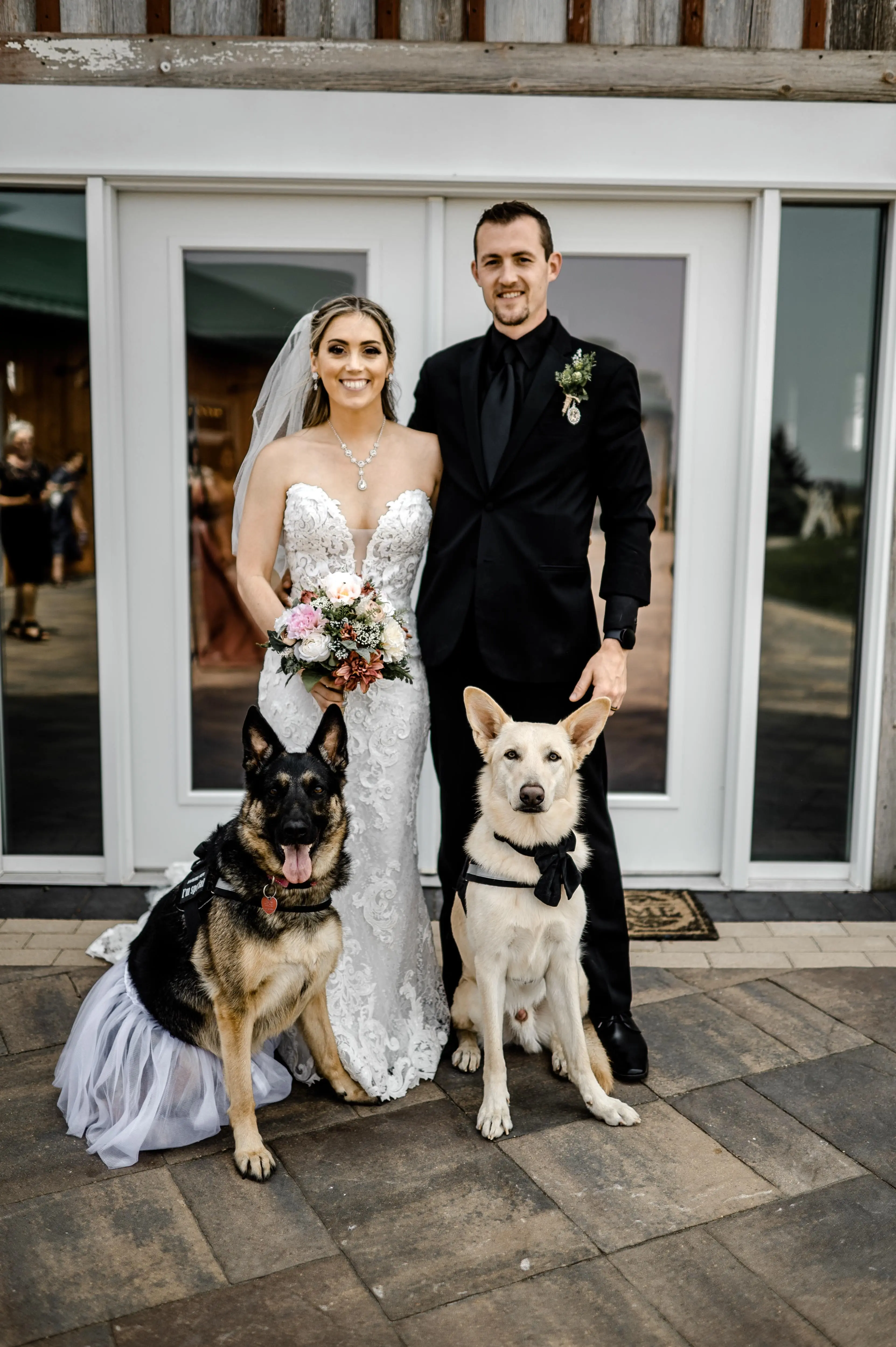 Bride In Sheer Sheath Tuscany Lynette Maggie Sottero With Dogs And Groom
