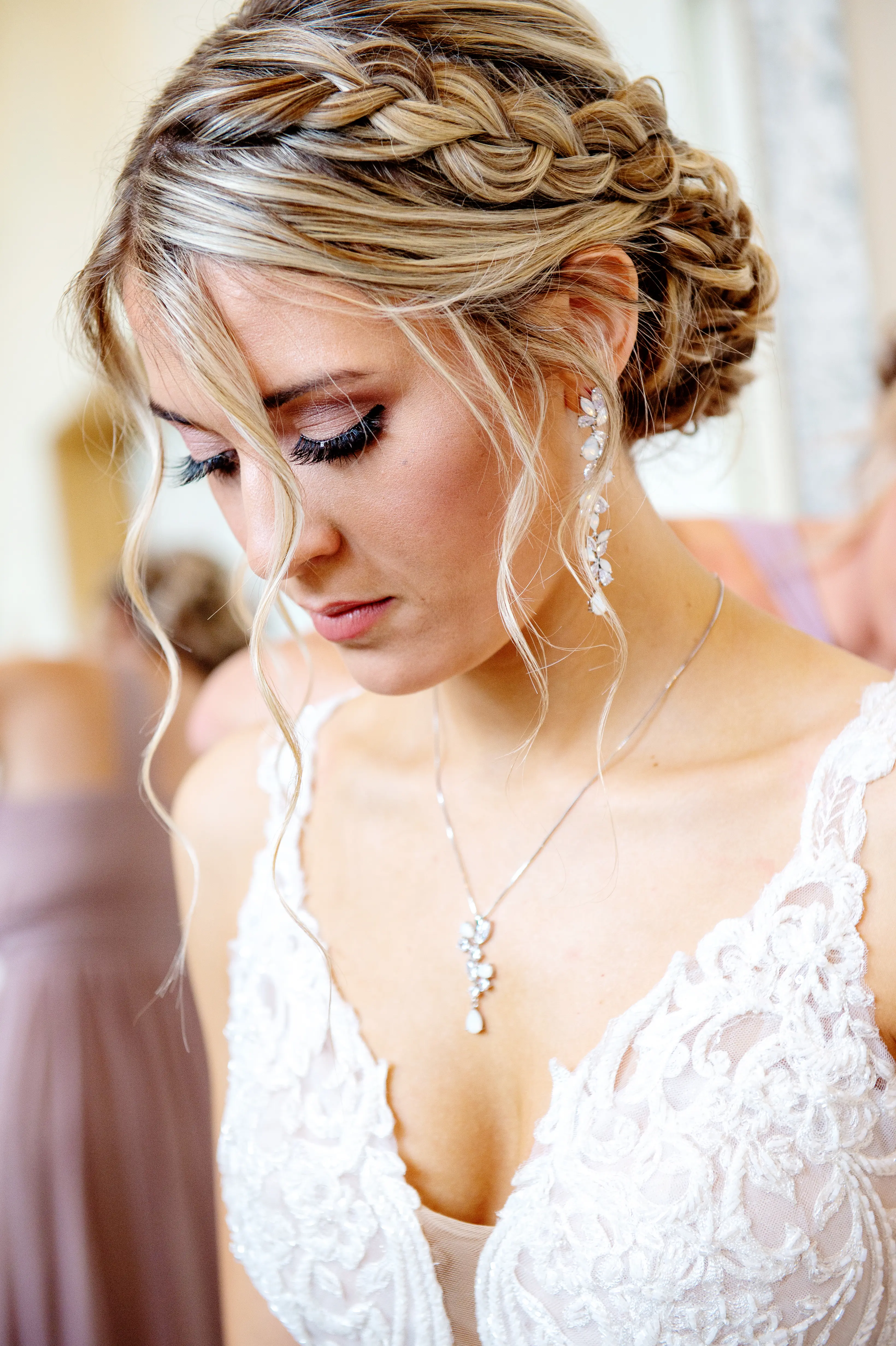 Bride in Elegant Lace Sheath Wedding Dress with Beaded Lace Motifs over Textured Tulle Called Hamilton by Sottero & Midgley