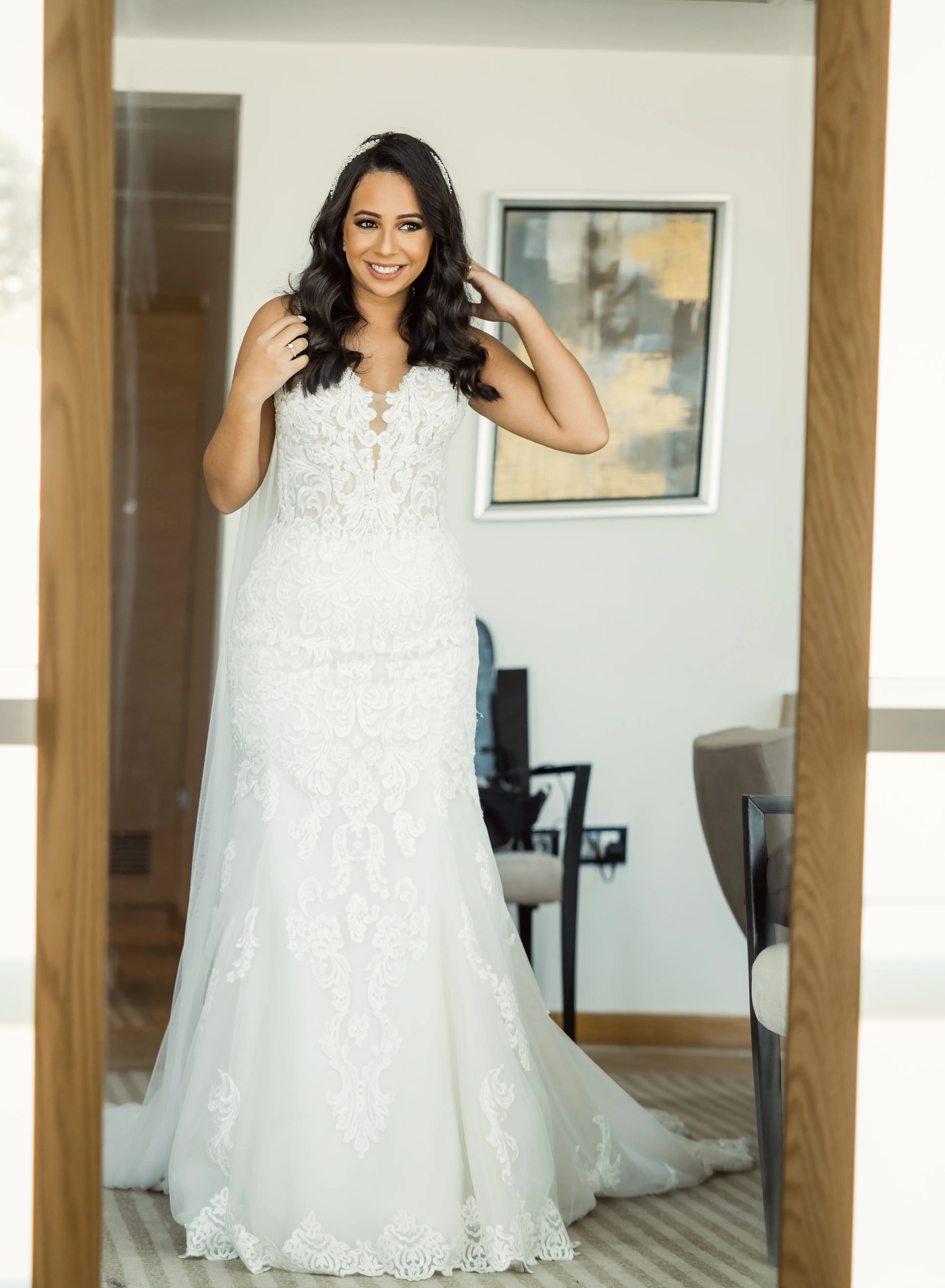 Bride Wearing Sexy Lace Wedding Dress Called Fiona By Maggie Sottero Looking In The Mirror