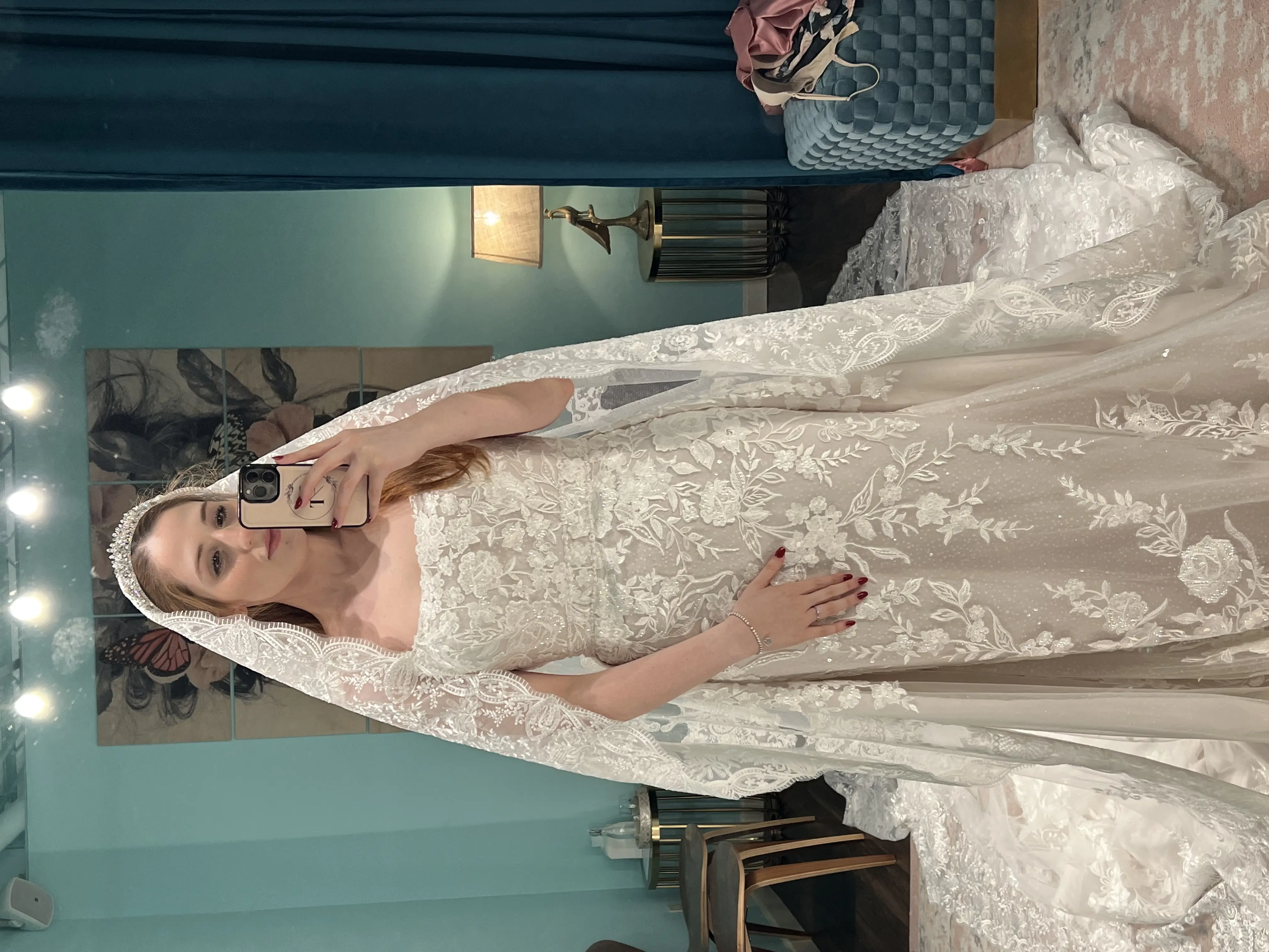 Bride Wearing Lace Wedding Dress Called Albany By Maggie Sottero With Veil