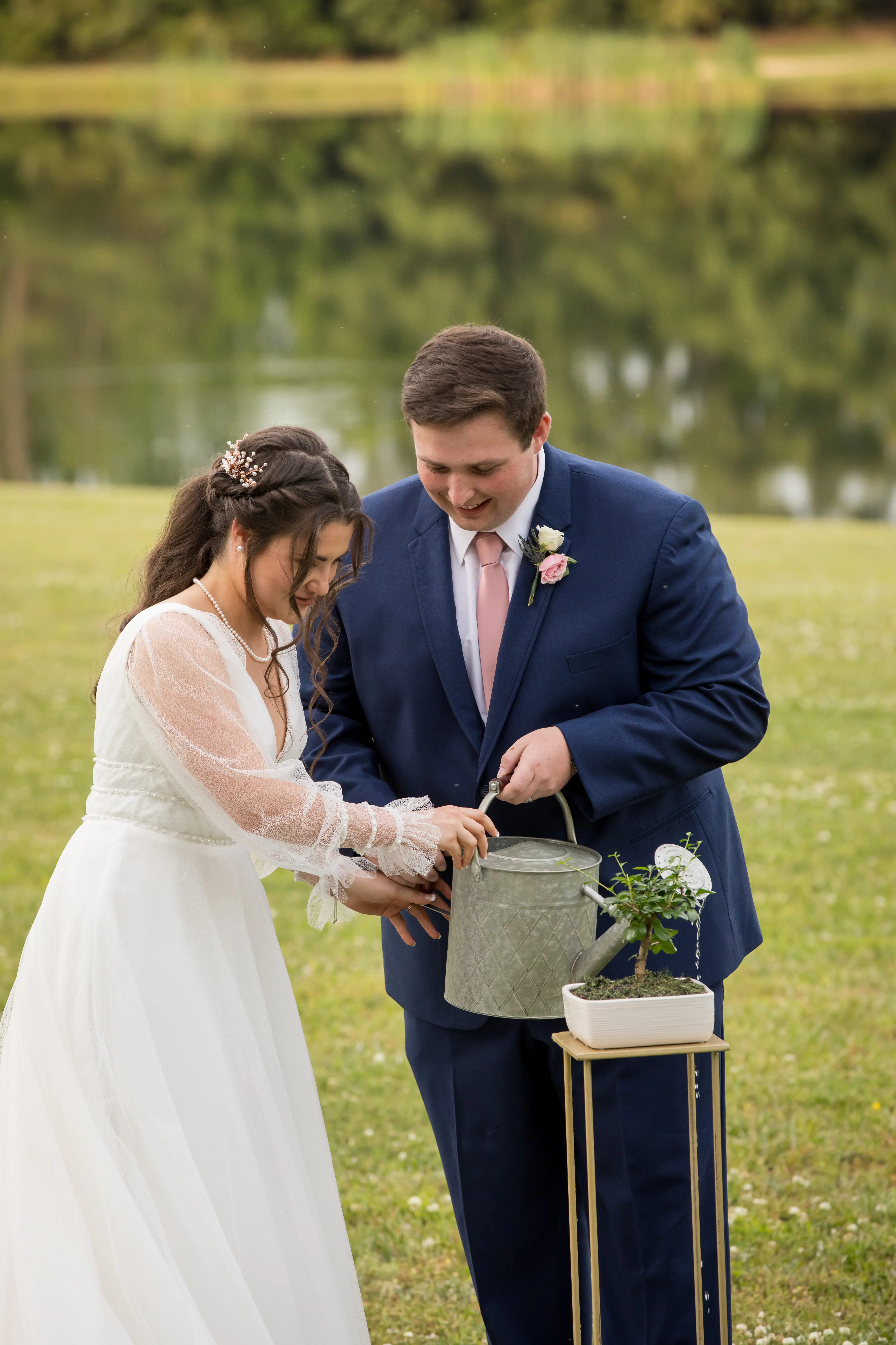 Groom With Bride Wearing A-Line Vintage Wedding Dress Joanne By Rebecca Ingram