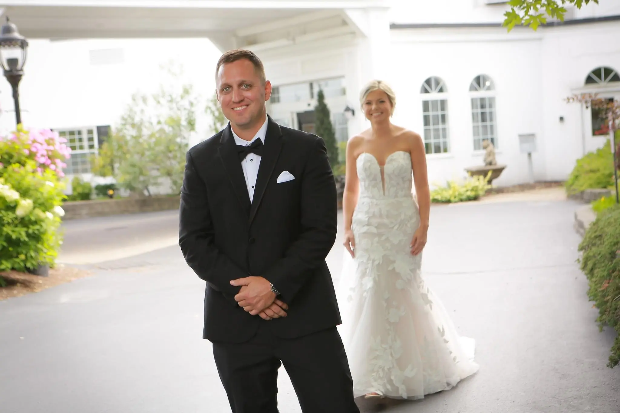 Groom With Bride Wearing Mermaid Wedding Dress With Oversized Floral Lace Hattie By Rebecca Ingram