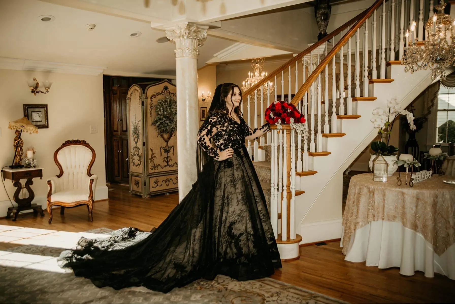 Bride Wearing Black Lace Ballgown Wedding Dress Called Zander By Sottero and Midgley