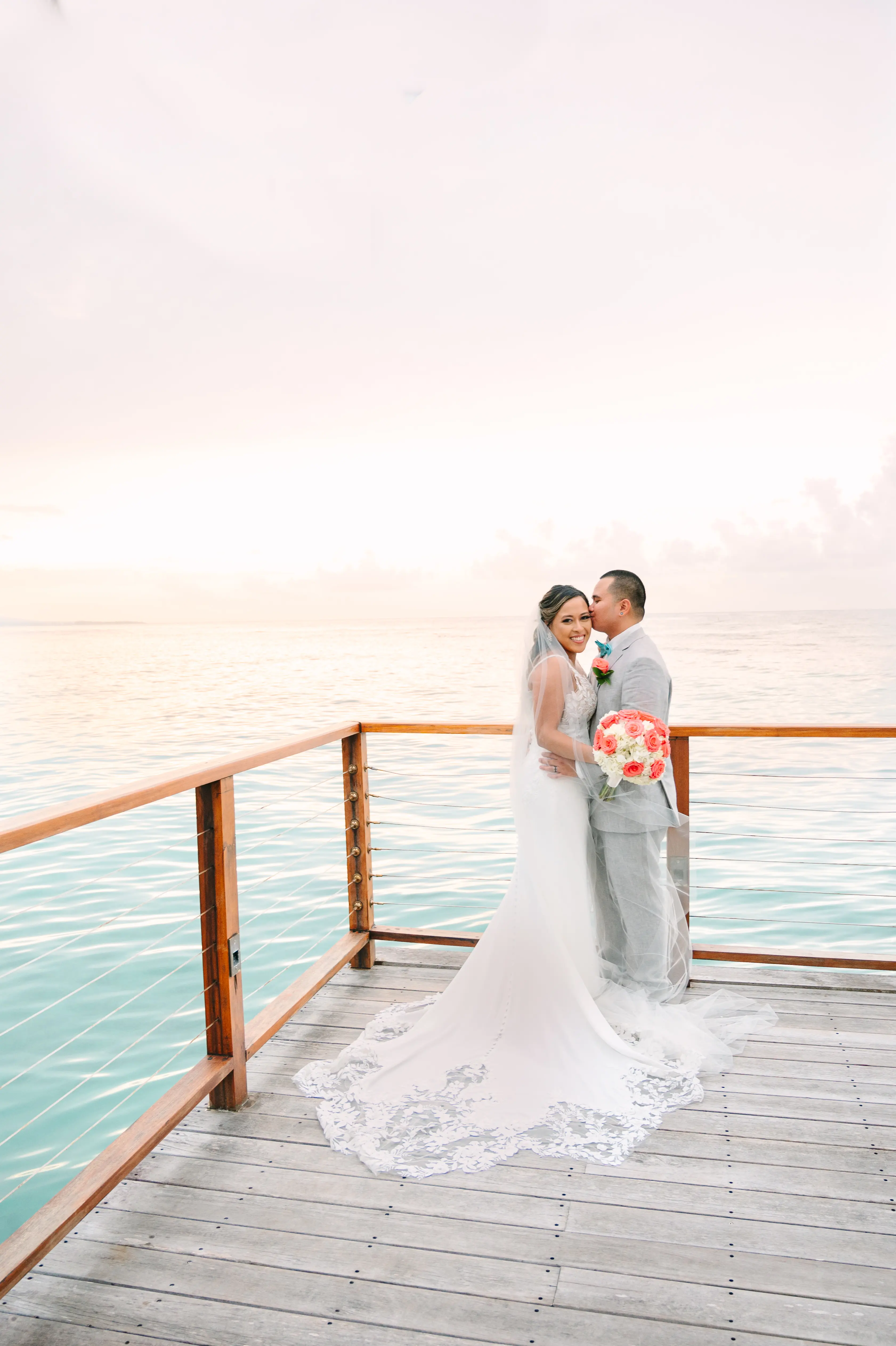 Real Bride in Backless Crepe Wedding Gown with Scalloped Lace Cutout Train Called Baxley by Maggie Sottero
