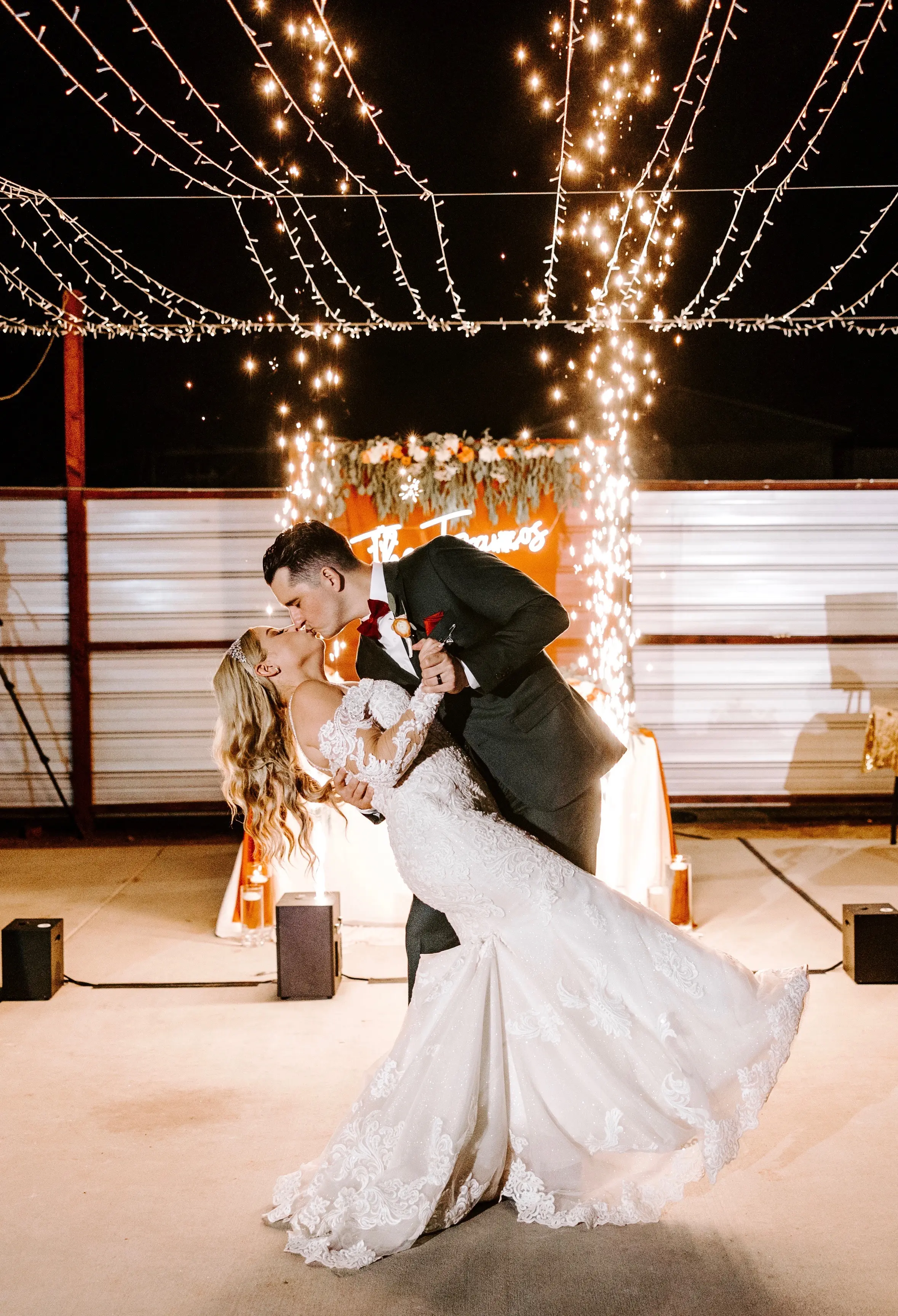 Real Bride in Sparkly Lace Fit-and-Flare Wedding Gown with Off-the-Shoulder Sleeves Called Fiona by Maggie Sottero