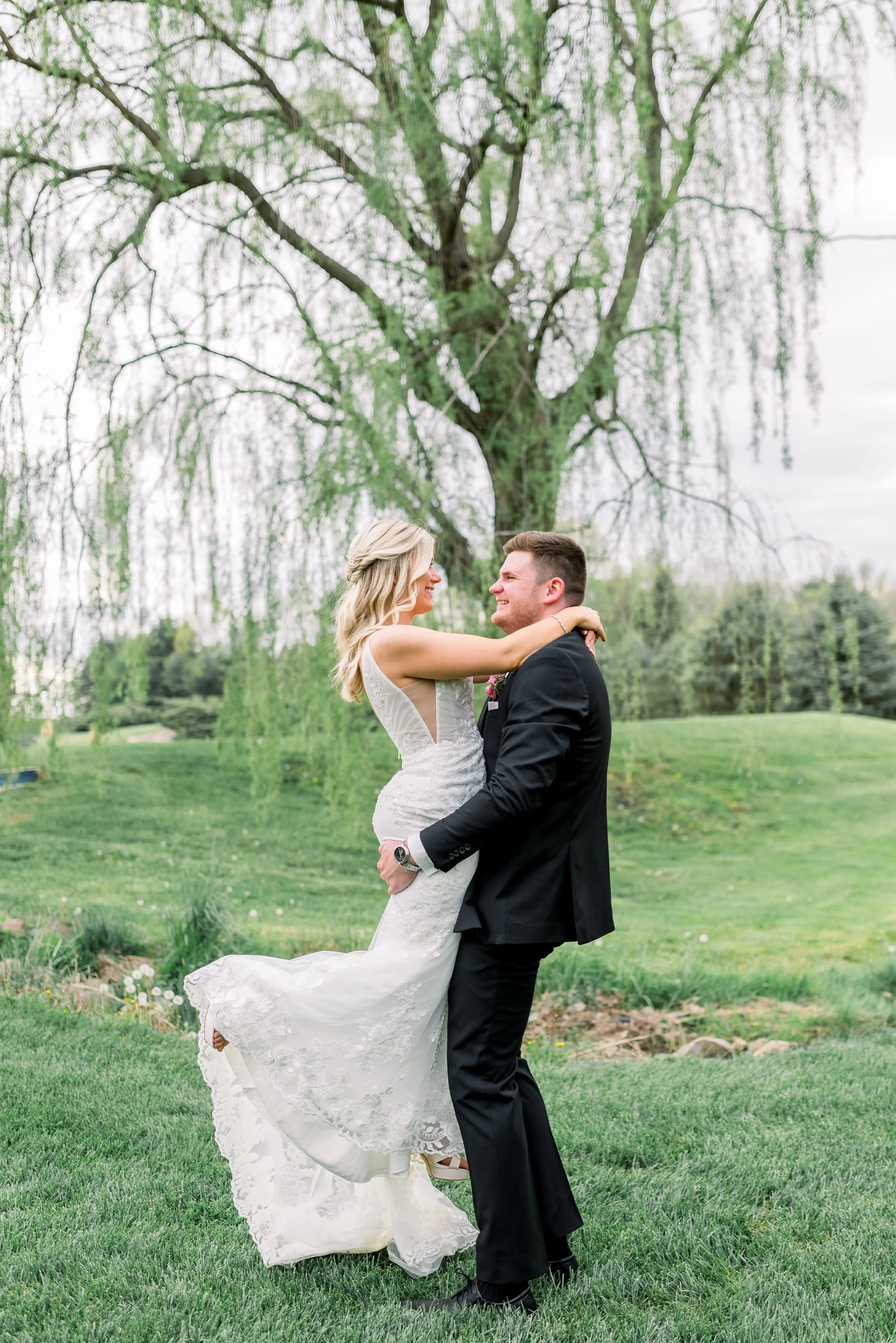 Bride In Fit-and-Flare Illusion Train Fontaine Maggie Sottero With Groom