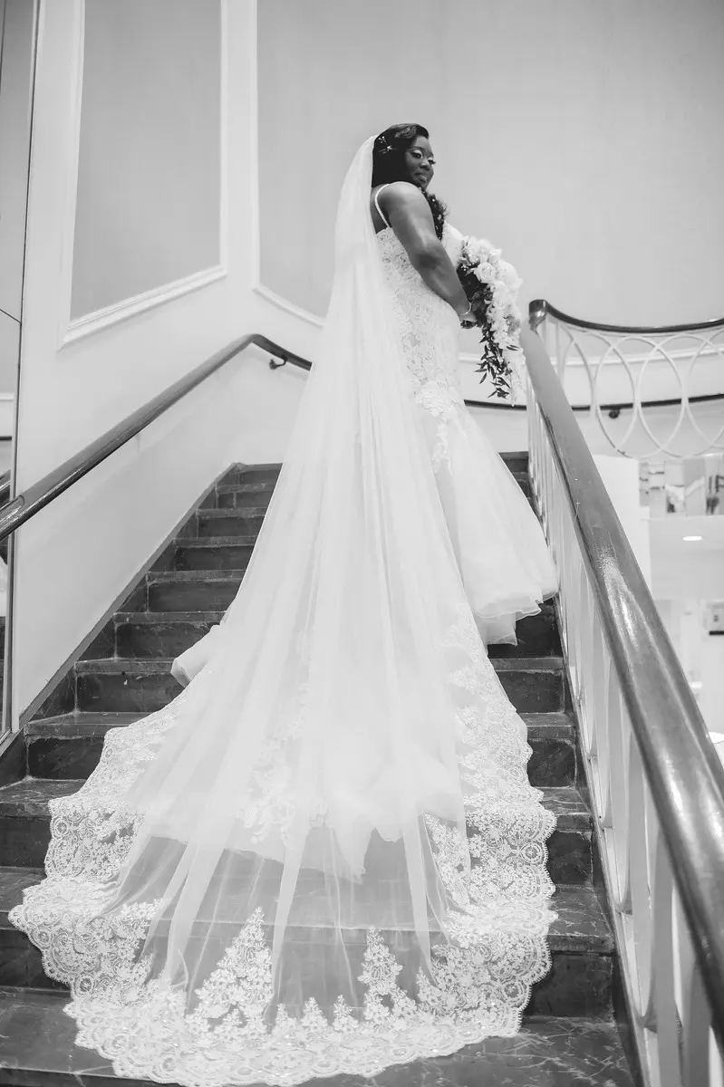 Real Bride in Beaded Sweetheart Neckline Wedding Dress Named Alistaire Lynette By Maggie Sottero in Black and White