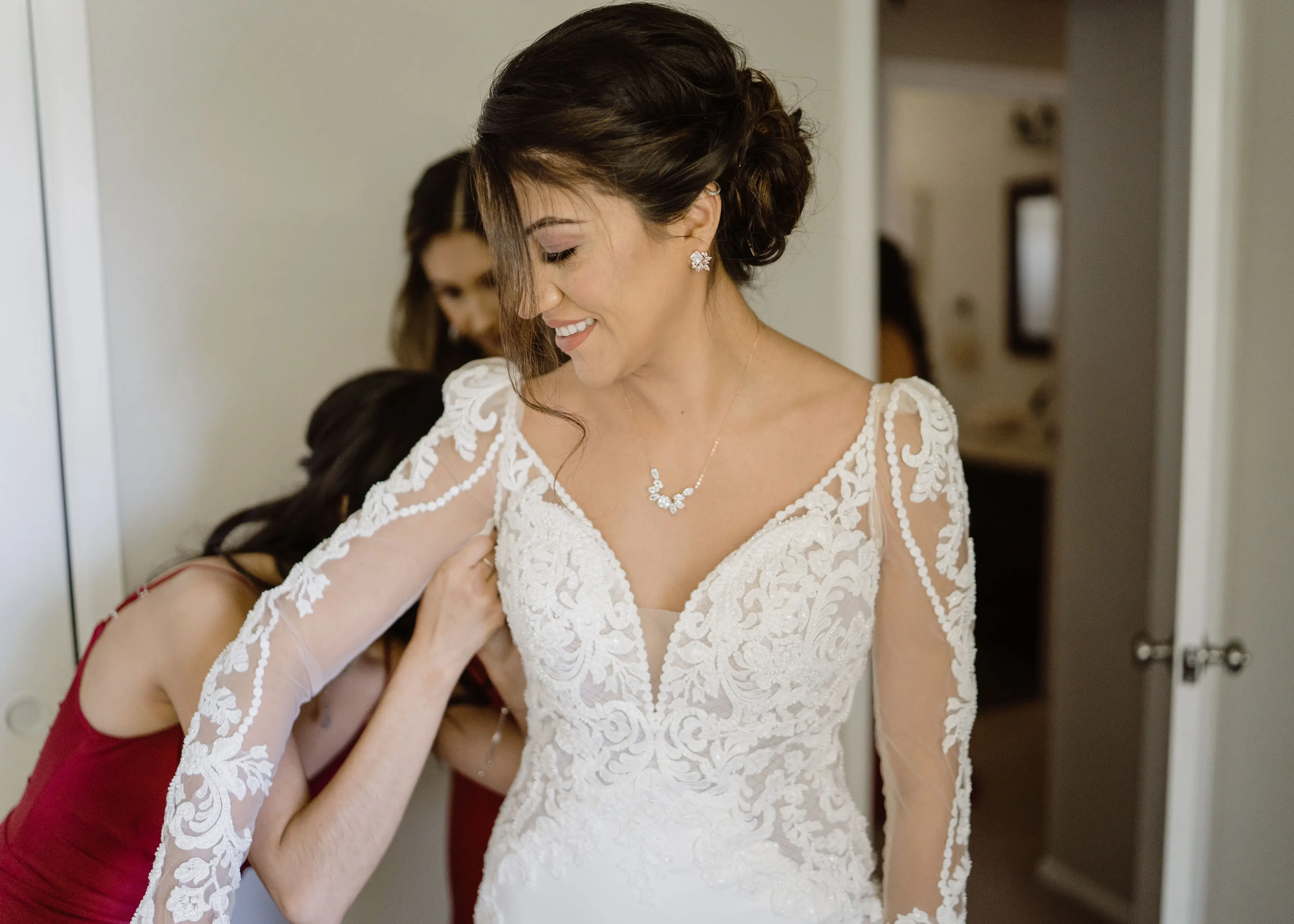 Bride in Lace Spaghetti Strap Mermaid Wedding Gown with Detachable Long Sleeves Called Nikki by Maggie Sottero