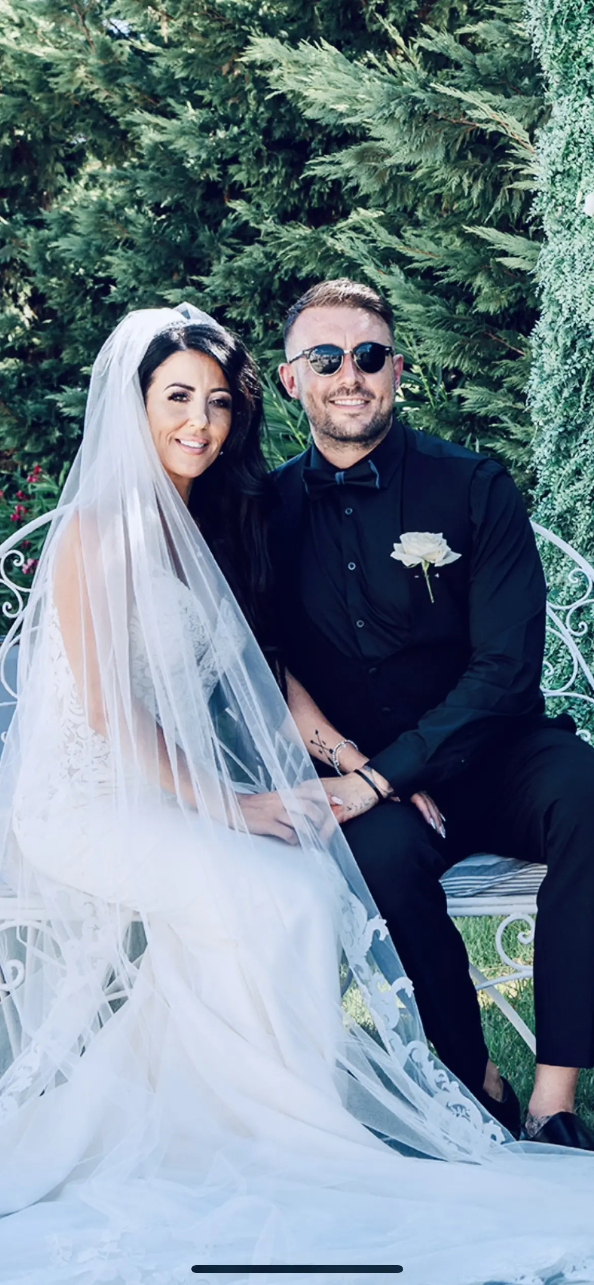 Groom With Bride Wearing Lace Spaghetti Strap Wedding Dress Nikki By Maggie Sottero