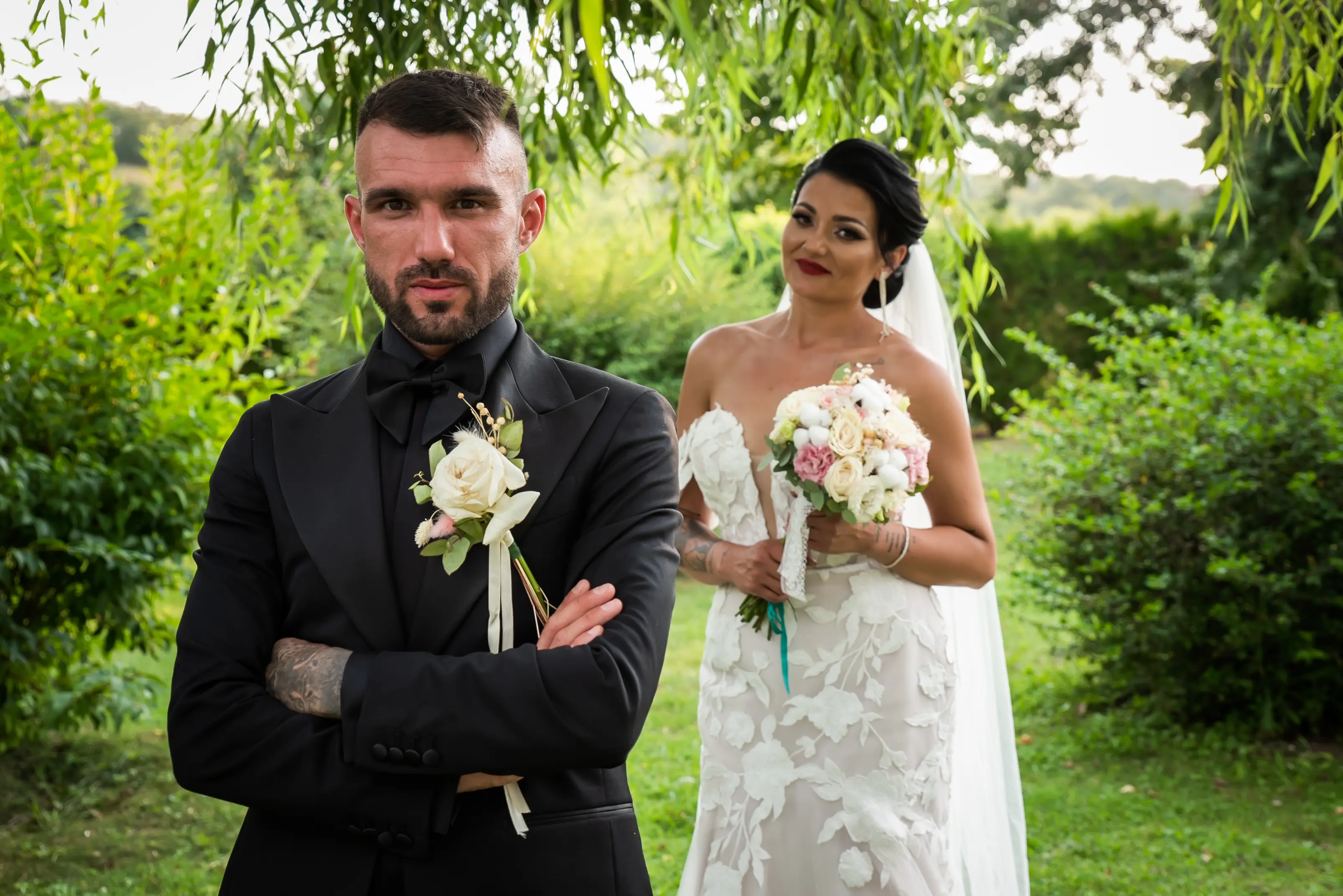 Bride Wearing Lace Mermaid Wedding Gown Called Hattie By Rebecca Ingram Doing First Look