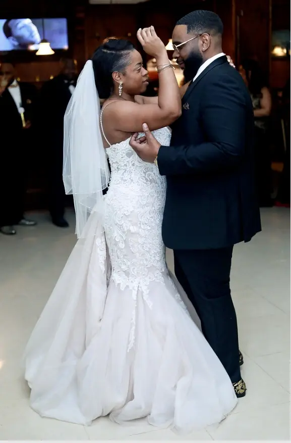 Bride wearing Lace Mermaid Wedding Dress called Alistaire by Maggie Sottero dancing with her groom