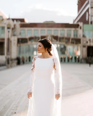 Bride in Modest Wedding Dress Called Bethany By Rebecca Ingram