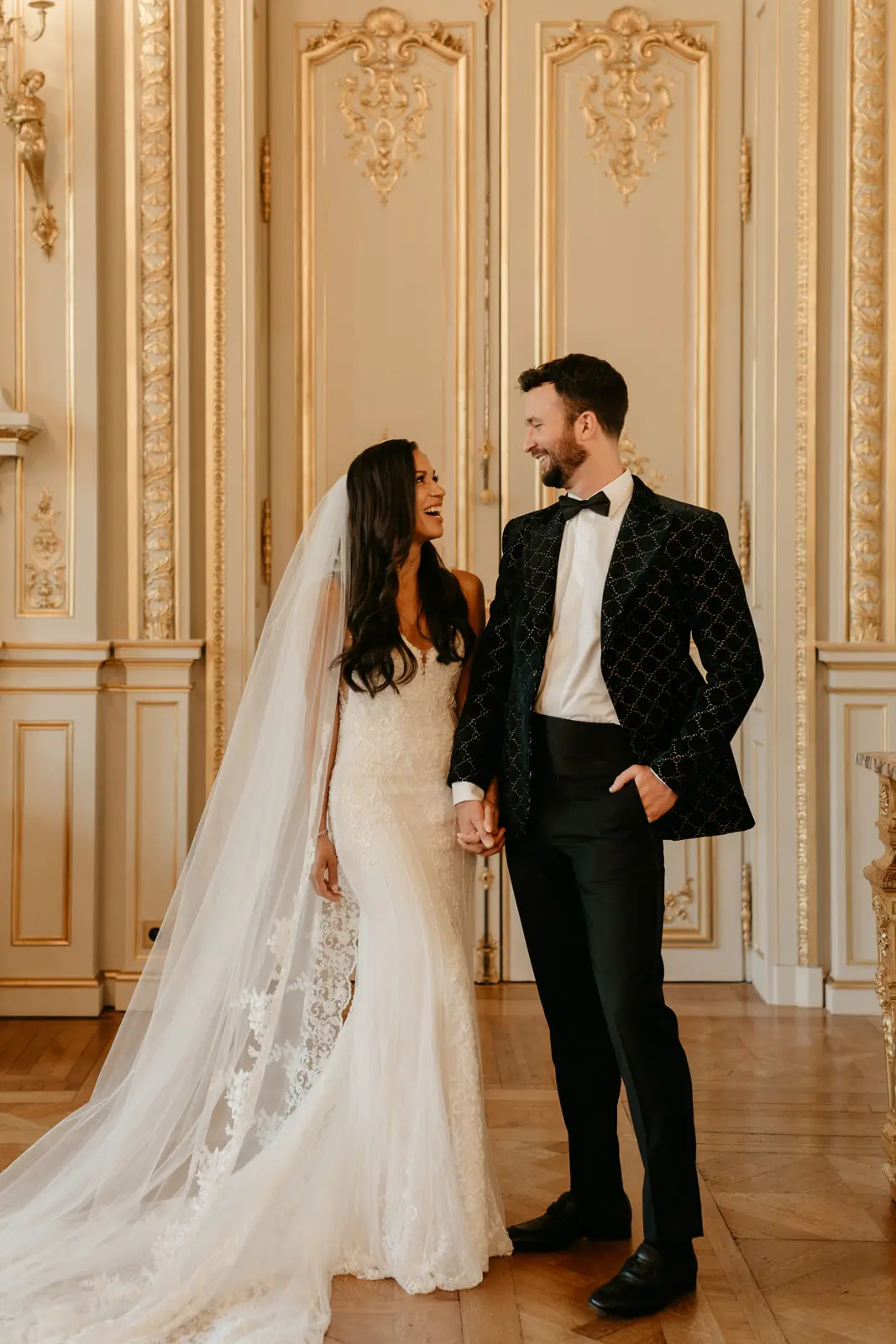 Groom Posing With Bride In Beaded Lace Sheath Bridal Gown Called Barrett By Sottero And Midgley