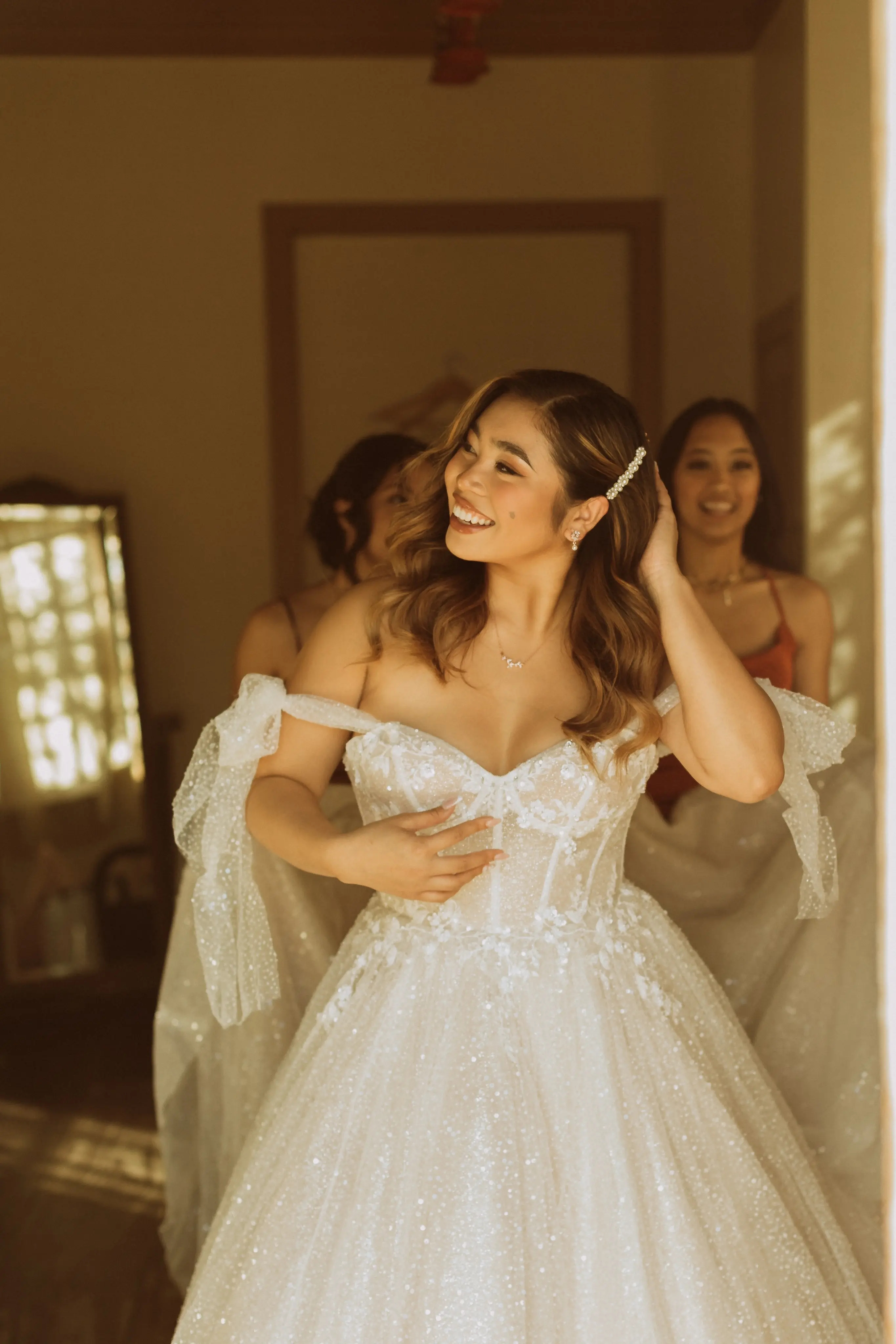 Bride In Sparkly Off-The-Shoulder Wedding Dress Called Shasta By Sottero And Midgley