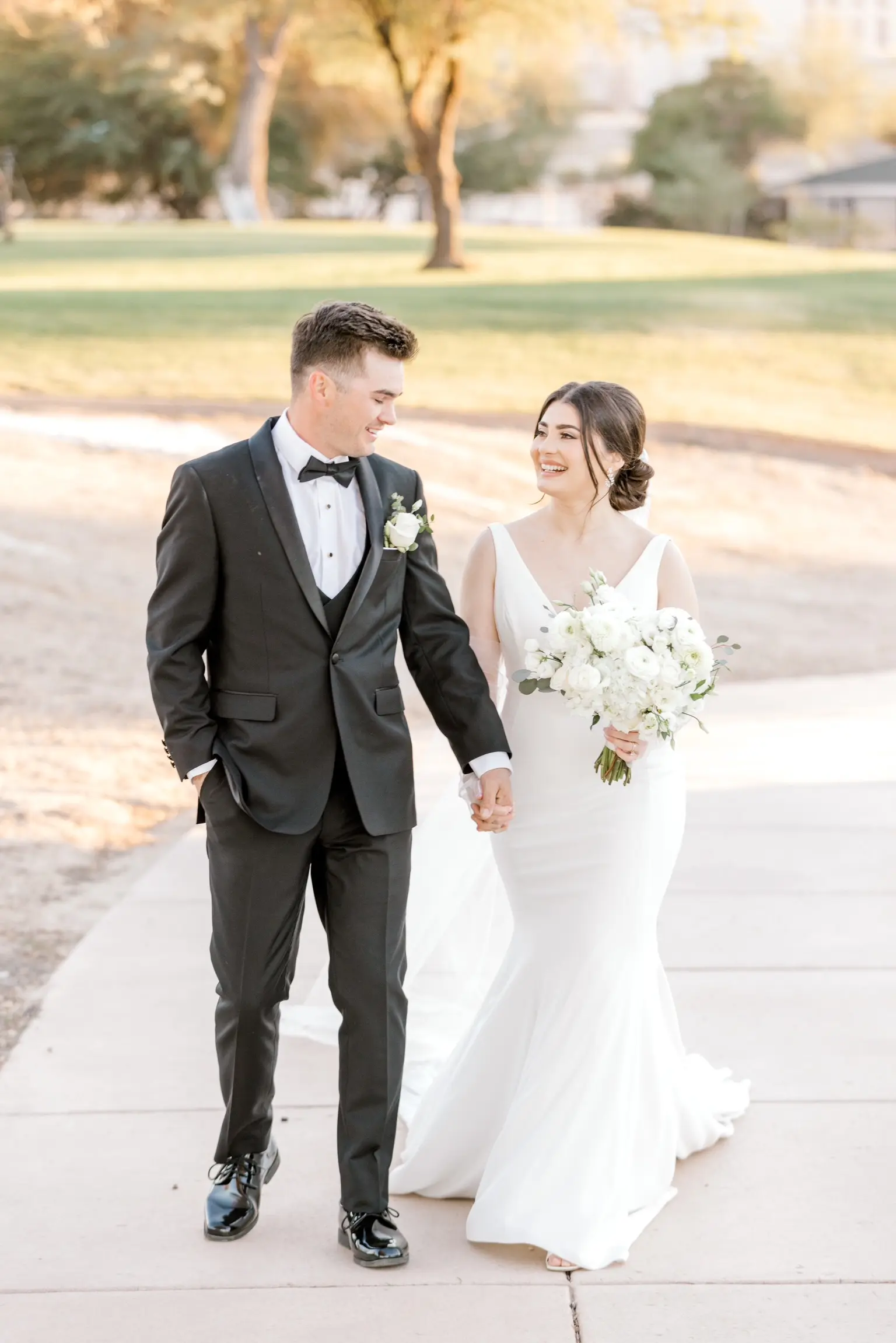 Bride In Simple Crepe Wedding Dress Called Fernanda By Maggie Sottero With Groom