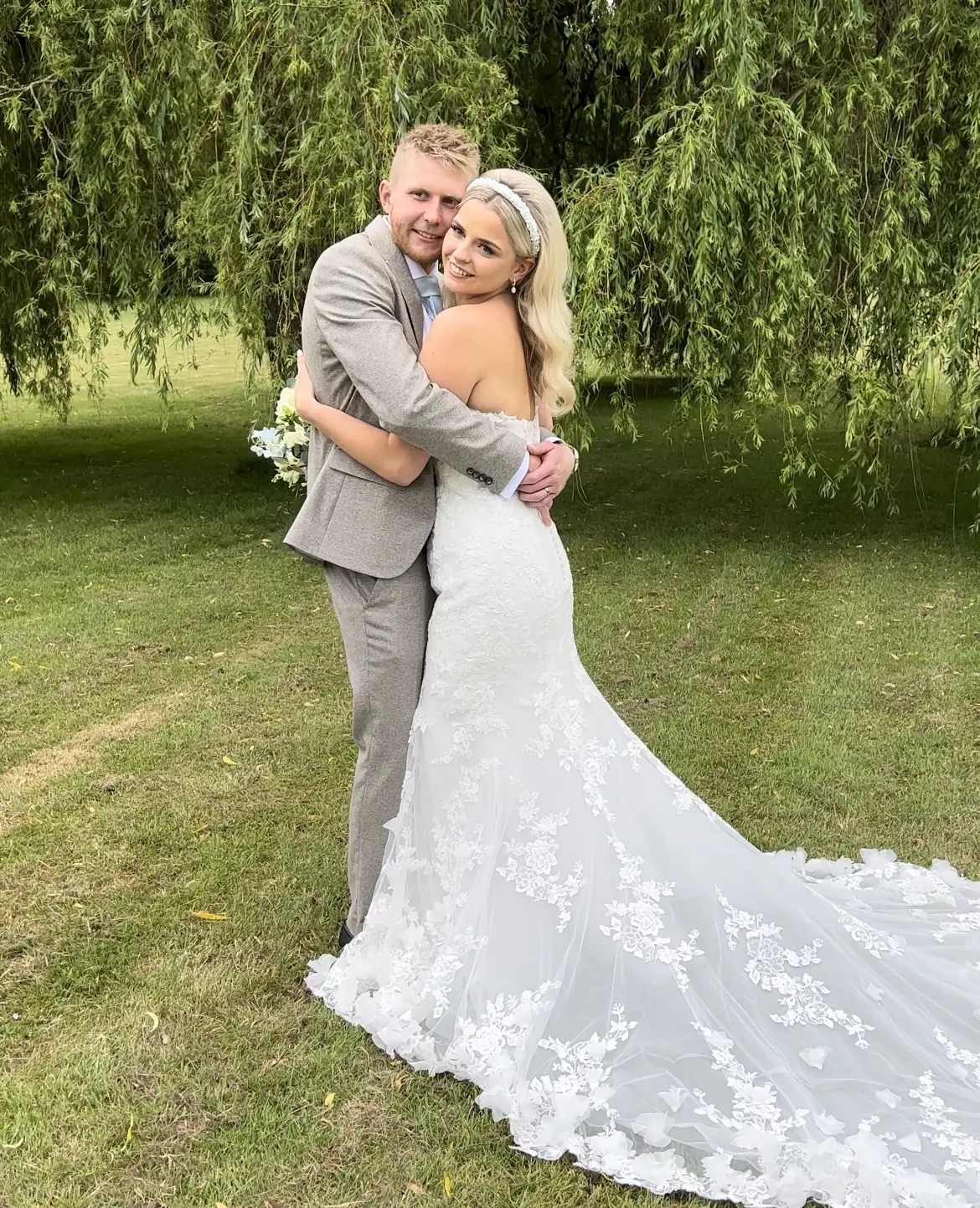Bride In 3D Lace Fit-and-Flare Ryker Sottero Midgley With Groom