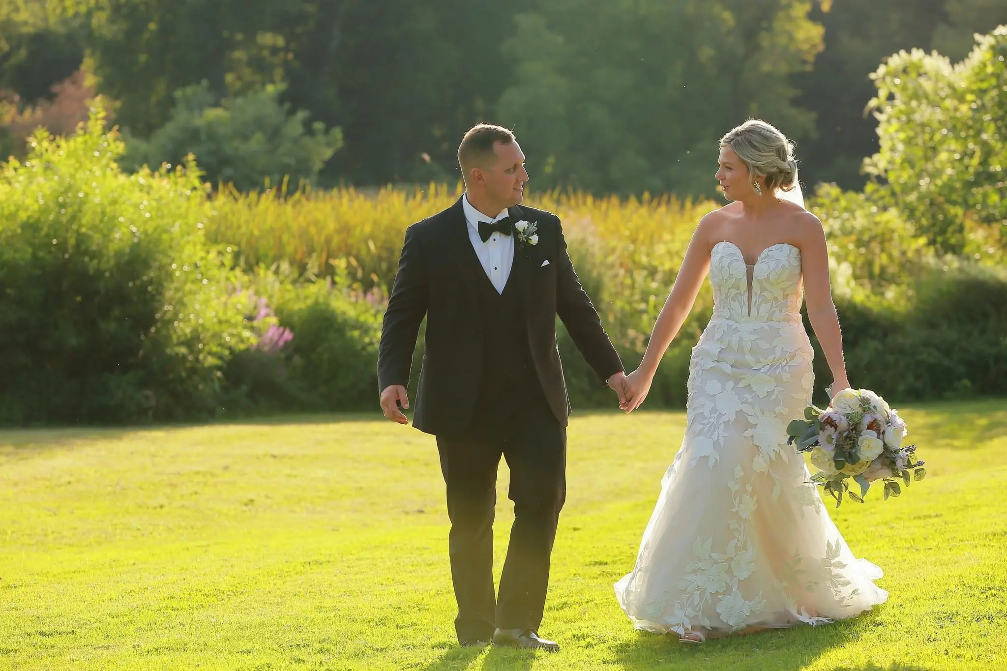 Groom With Bride Wearing Mermaid Wedding Dress With Oversized Floral Lace Hattie By Rebecca Ingram