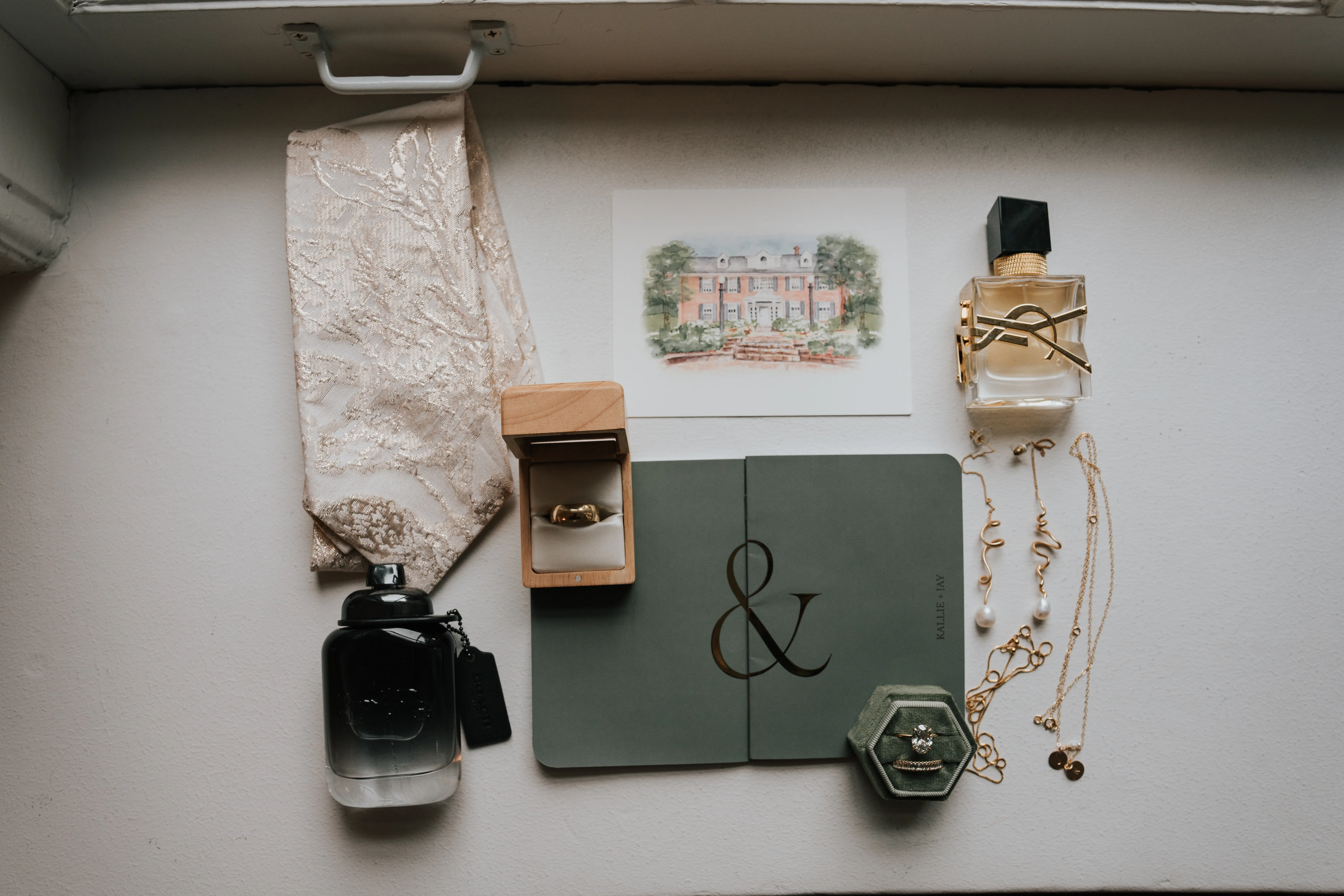 Collage Of Green Gold And Cream Wedding Accessories