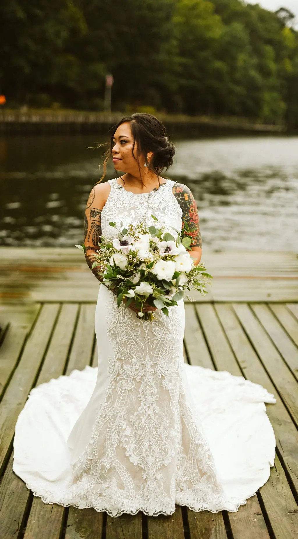 Bride Wearing Halter Lace Wedding Dress Called Kevyn By Sottero And Midgley On A Dock