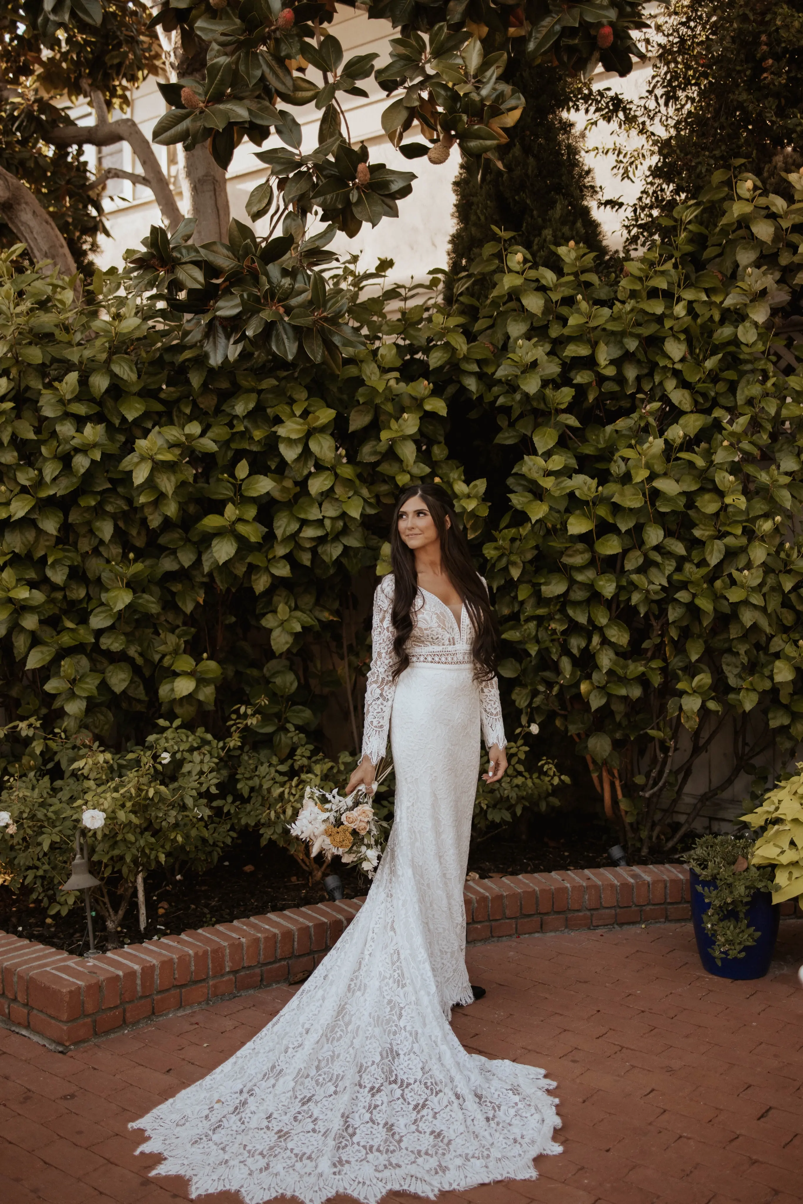 Real Bride in Boho Lace Wedding Dress with Deep Scallop Train called Drita by Maggie Sottero
