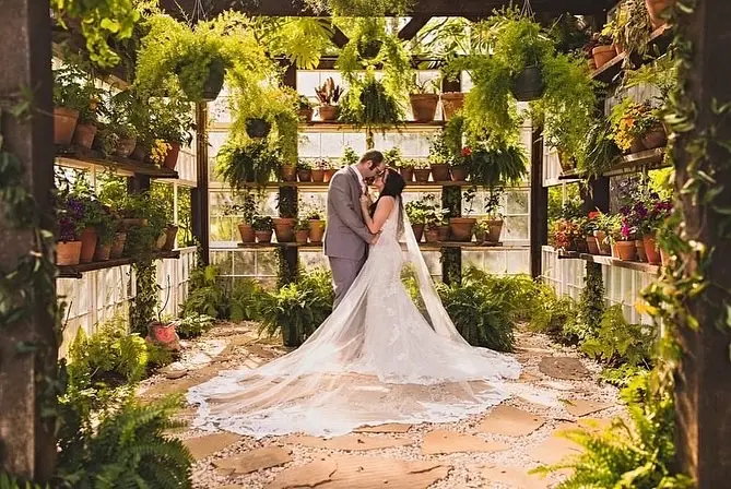 Groom Kissing Bride in Shimmering Lace Motif Wedding Gown with Plunging Sweetheart Neckline Called Tuscany Lynette by Maggie Sottero