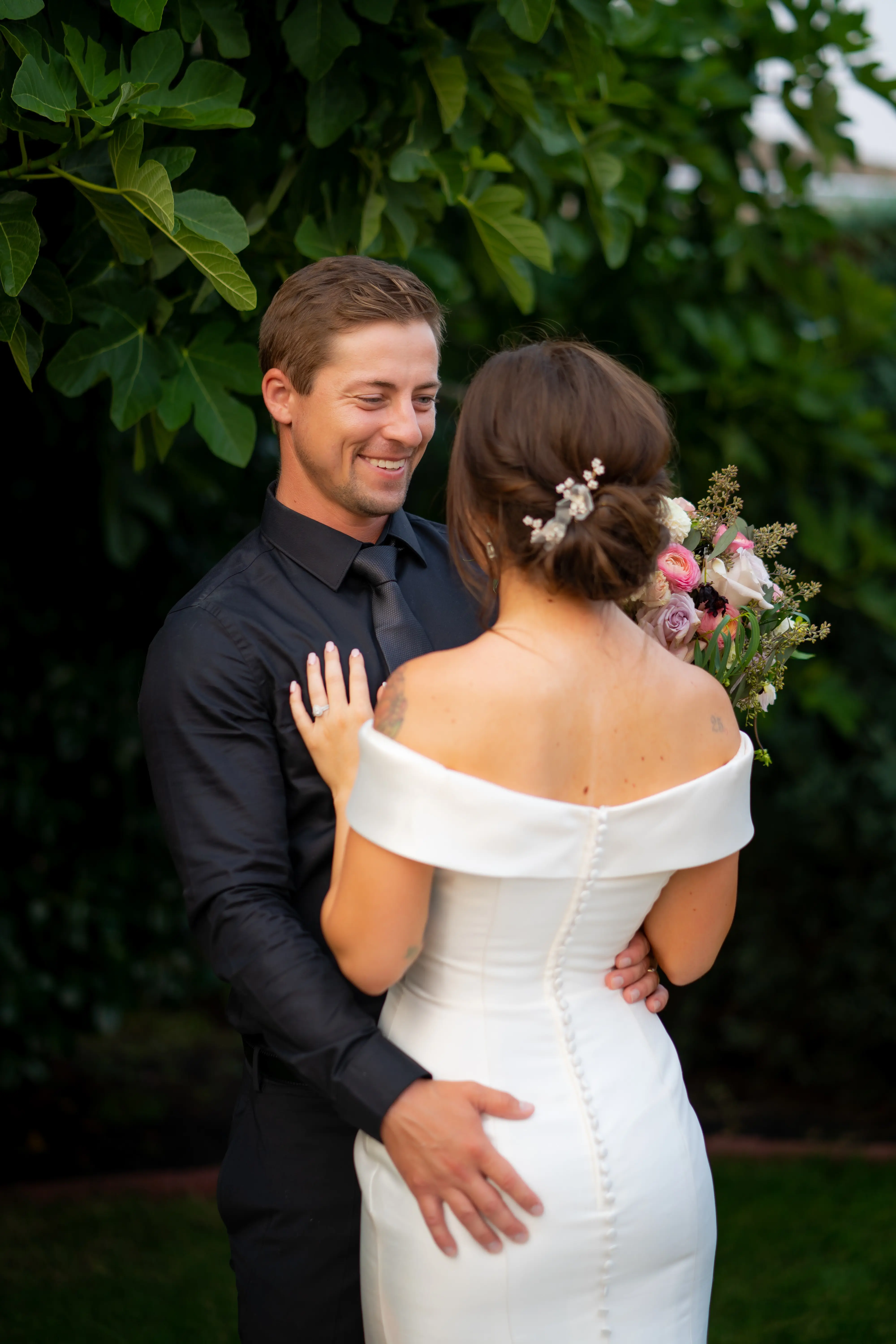 Bride Wearing Simple Classic Wedding Gown Called Josie By Rebecca Ingram With Groom