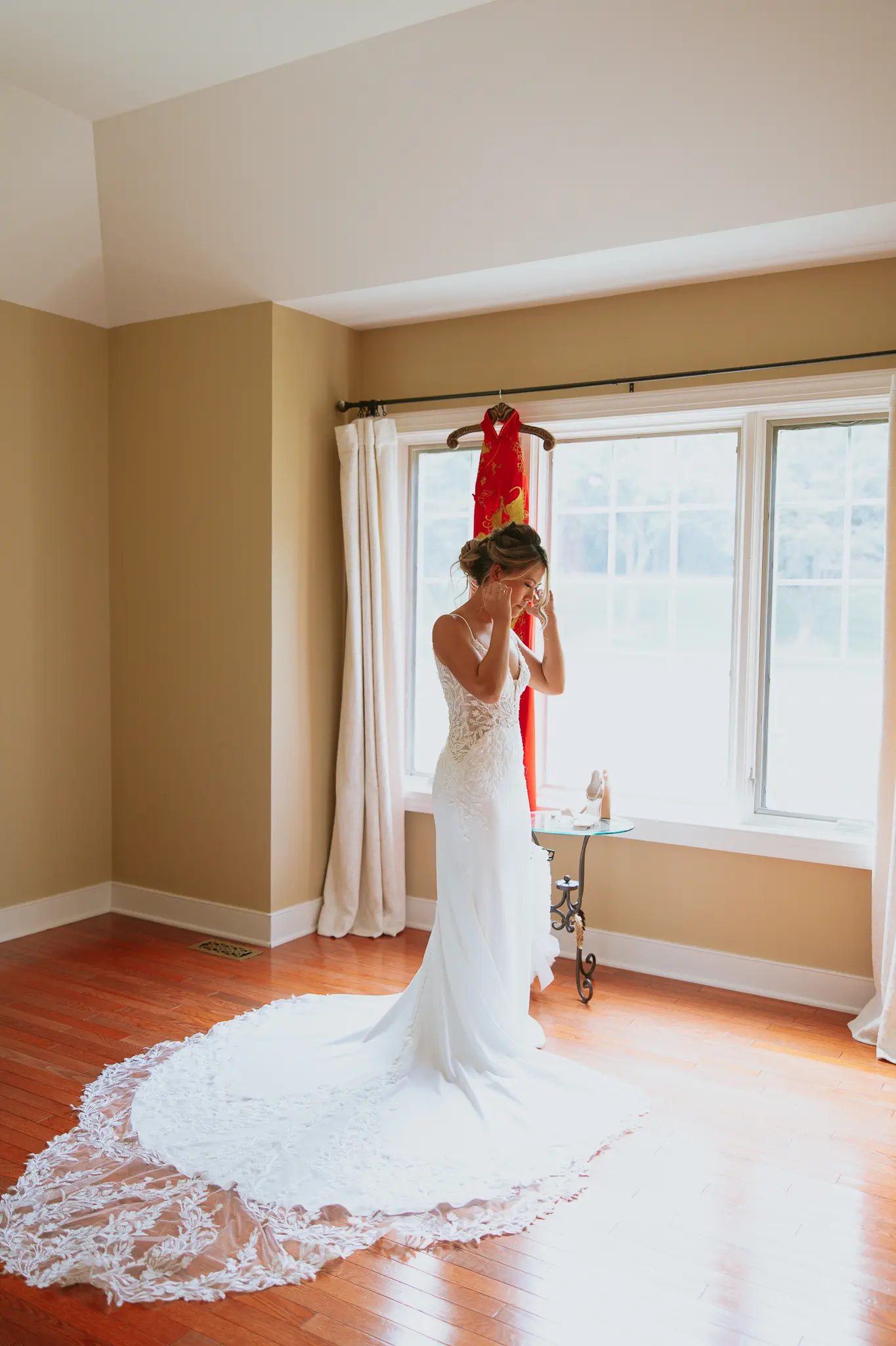 Bride In Lace Crepe Wedding Dress Called Alda By Rebecca Ingram With Groom