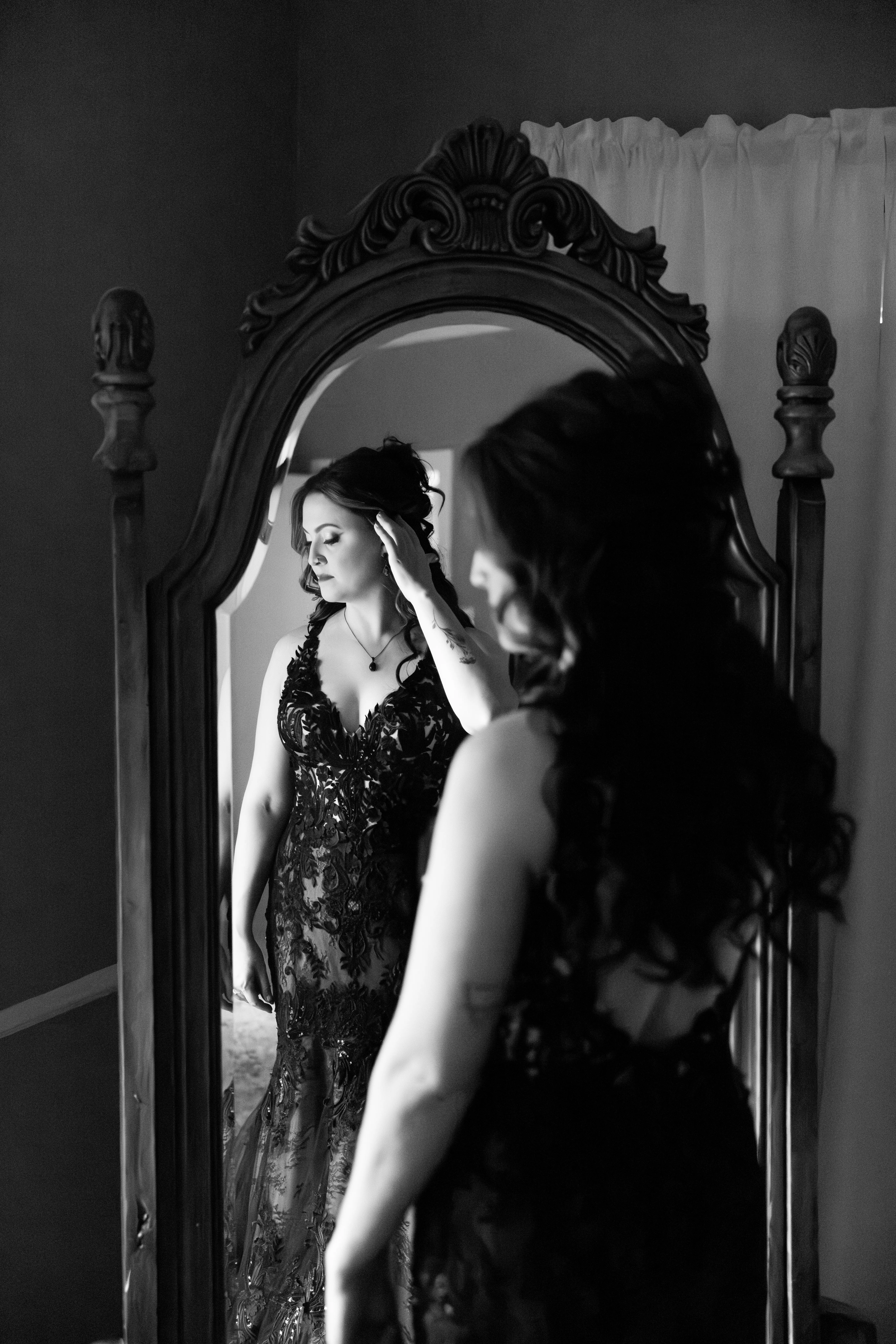Bride wearing Zander Lane by Sottero and Midgley in the mirror