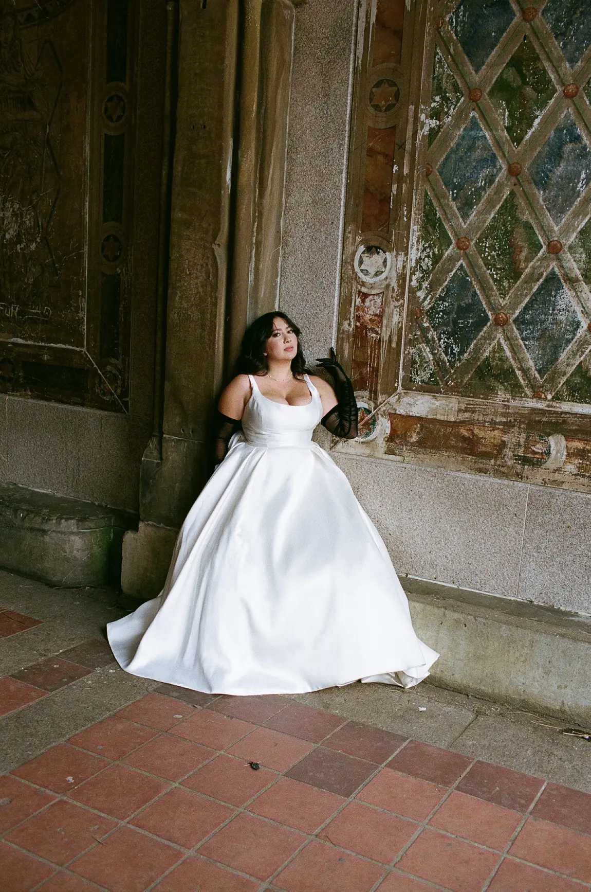 Bride Wearing Simple Aline Wedding Dress Called Selena By Maggie Sottero With Black Tulle Gloves