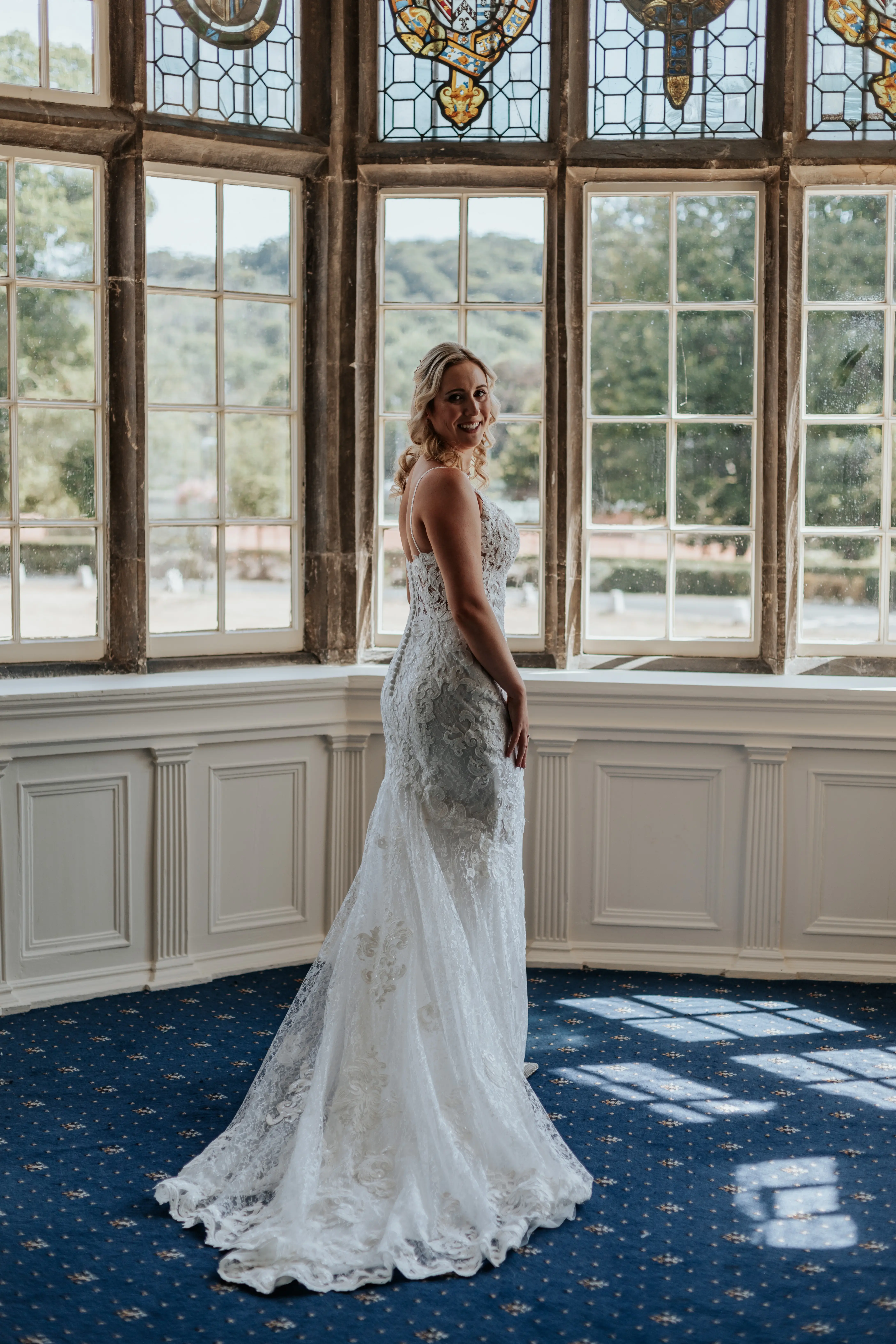 Real Bride in Lace Sheath Wedding Gown with Illusion Plunging Sweetheart Neckline Called Tuscany Lynette by Maggie Sottero