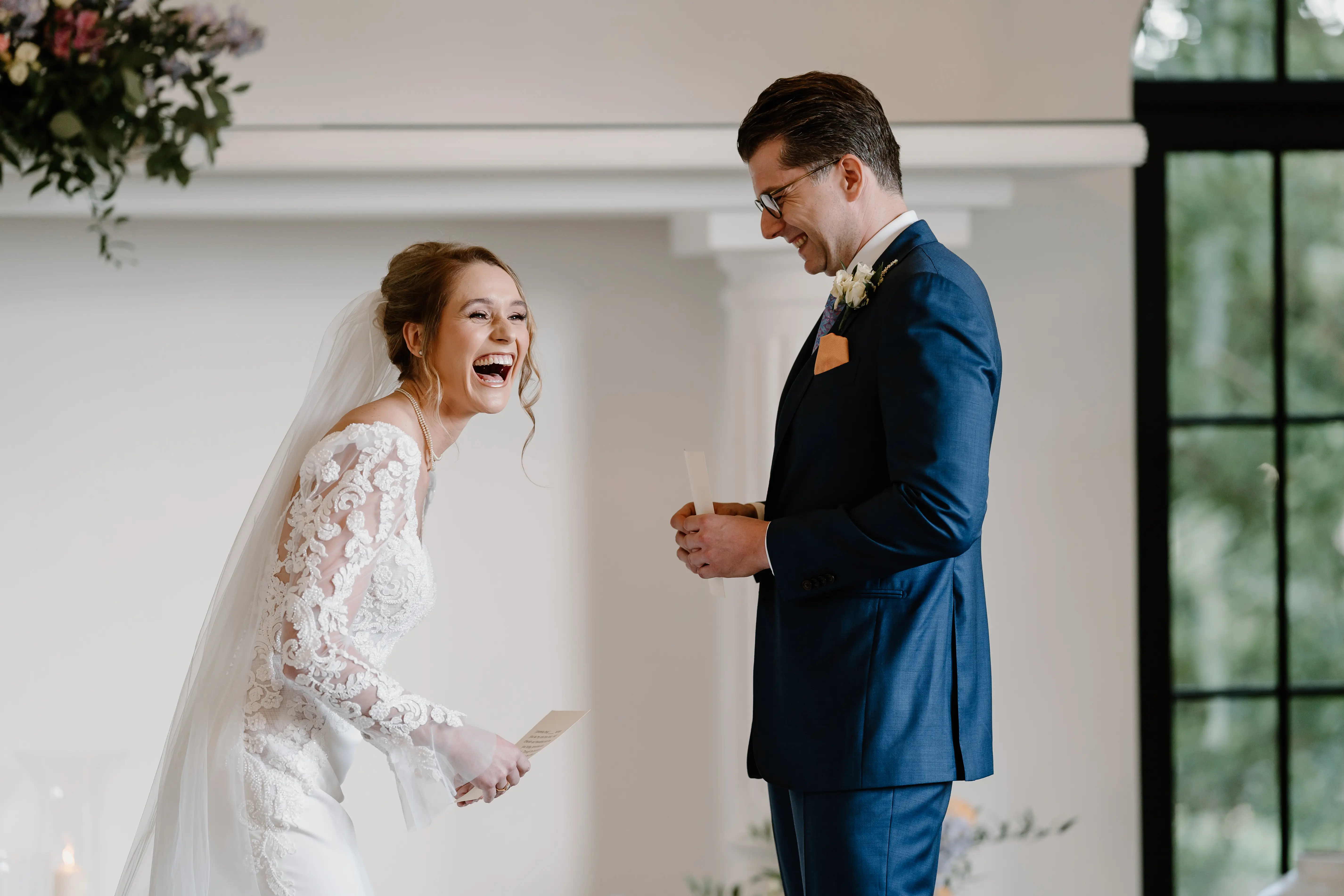 Bride Wearing Lace Mermaid Wedding Dress Called Nikki By Maggie Sottero Laughing With Groom