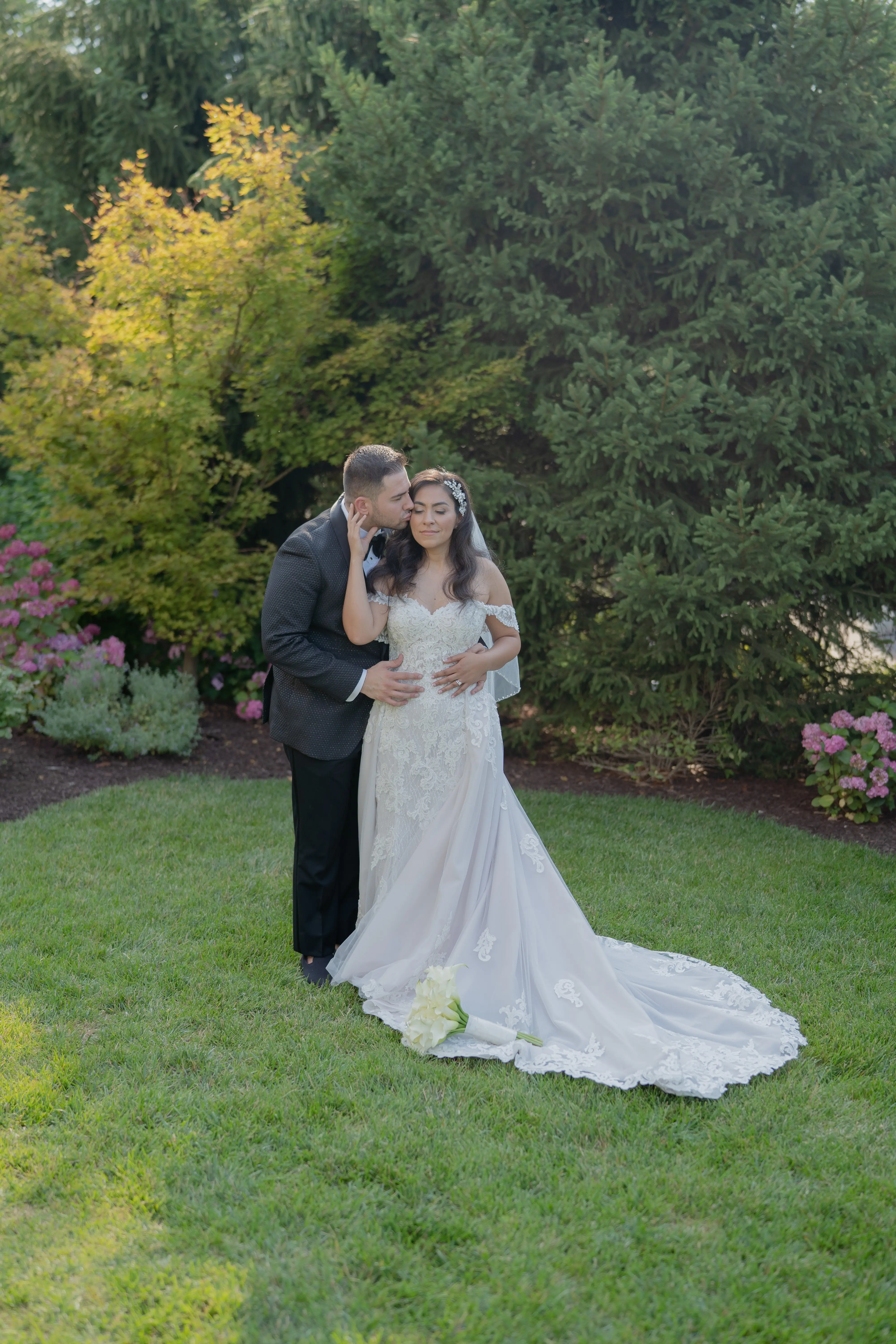 Groom With Bride Wearing Lace Mermaid With Over Skirt Kaysen By Maggie Sottero