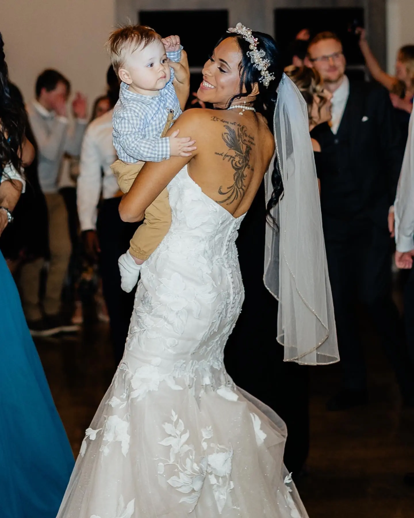 Tattoeed Bride Wearing Beach Lace Wedding Dress Called Hattie By Rebecca Ingram With Bridal Veil And Baby