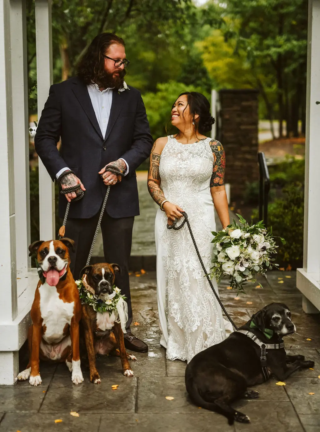 Bride Wearing Halter Lace Wedding Dress Called Kevyn By Sottero And Midgley With Groom And Their Dogs