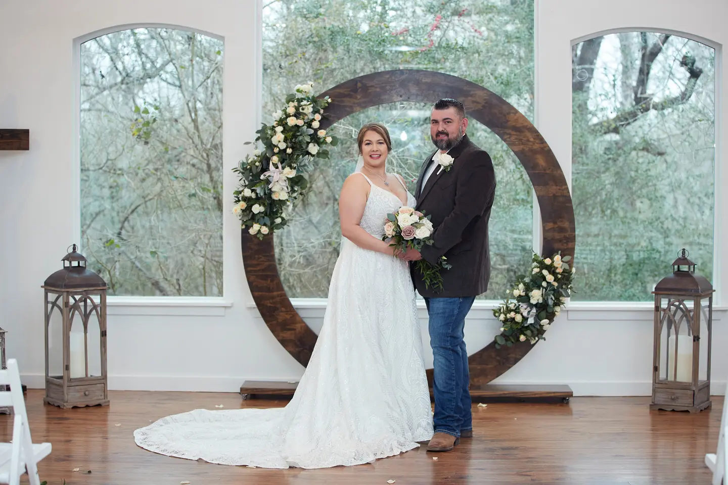 Bride And Groom At Altar. Bride Wearing Boho Princess A-line Wedding Dress Called Roxanne By Sottero And Midgley