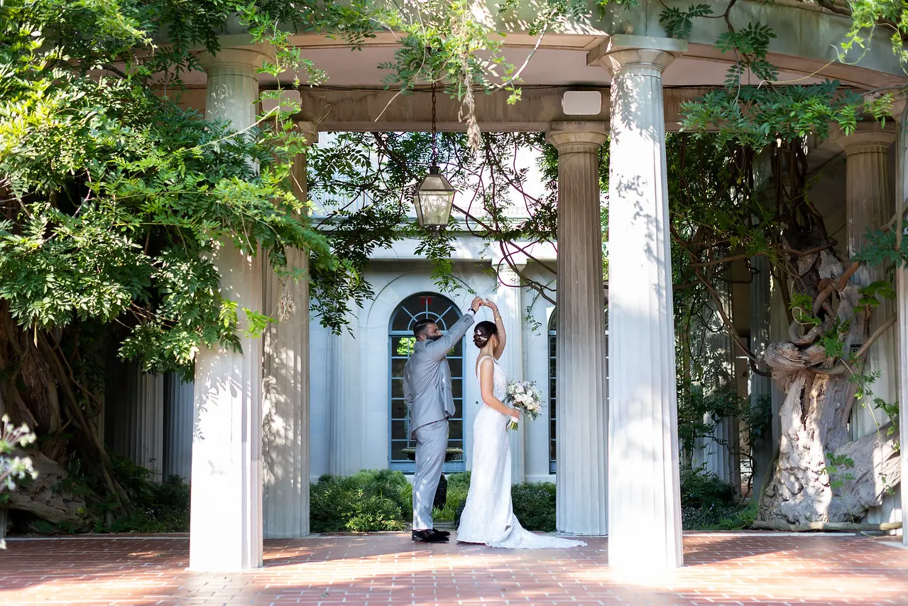 Groom with Bride in Vintage Inspired Wedding Dress with Art Deco Beaded Embroidery Called Elaine by Maggie Sottero